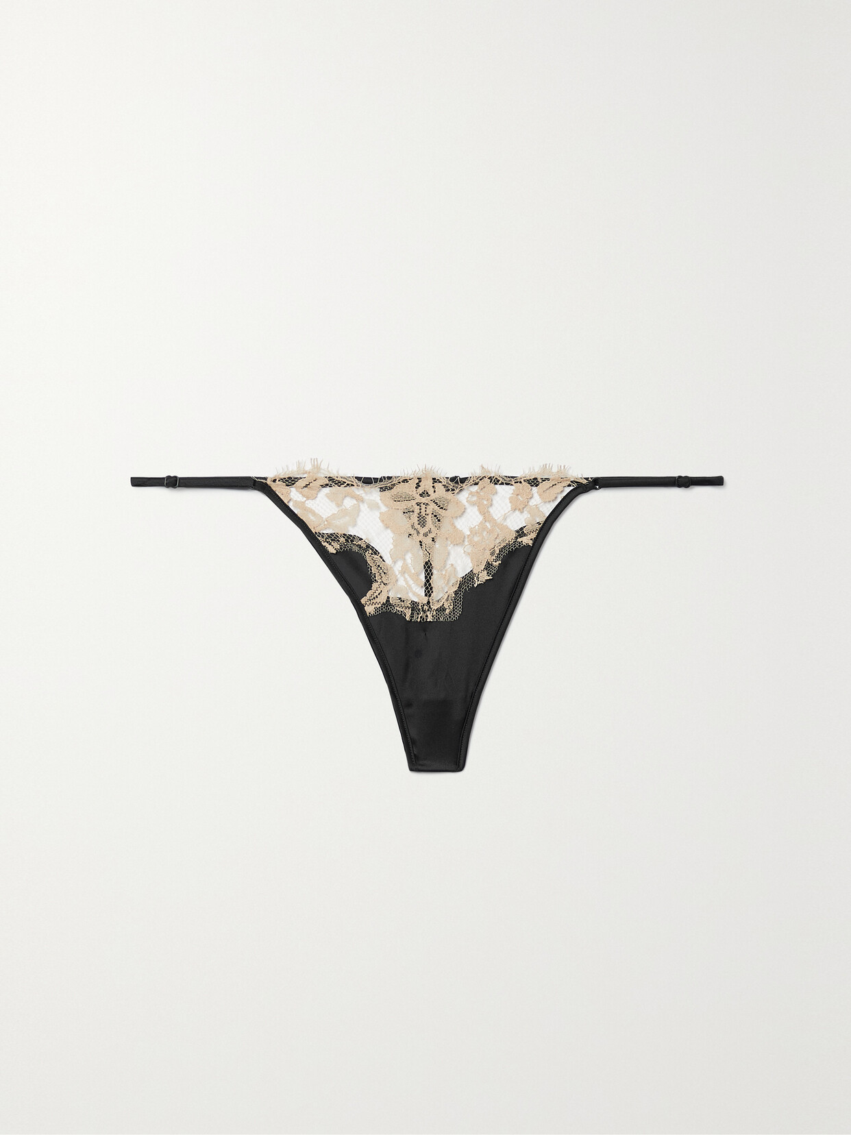 Kiki de Montparnasse - Orchid Cotton-blend Lace-trimmed Silk-charmeuse Thong - Black