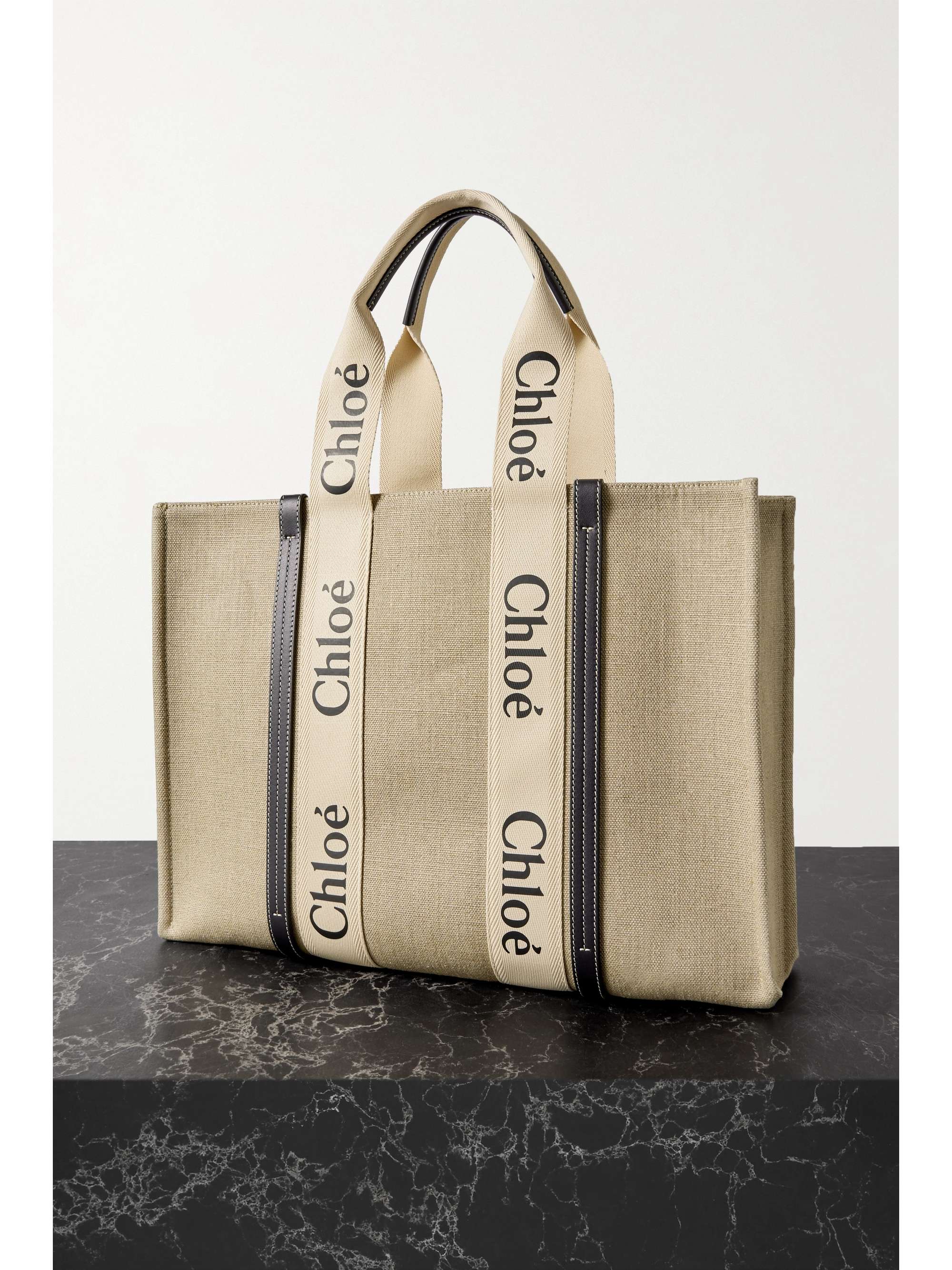 CHLOÉ + NET SUSTAIN Woody large leather-trimmed linen tote