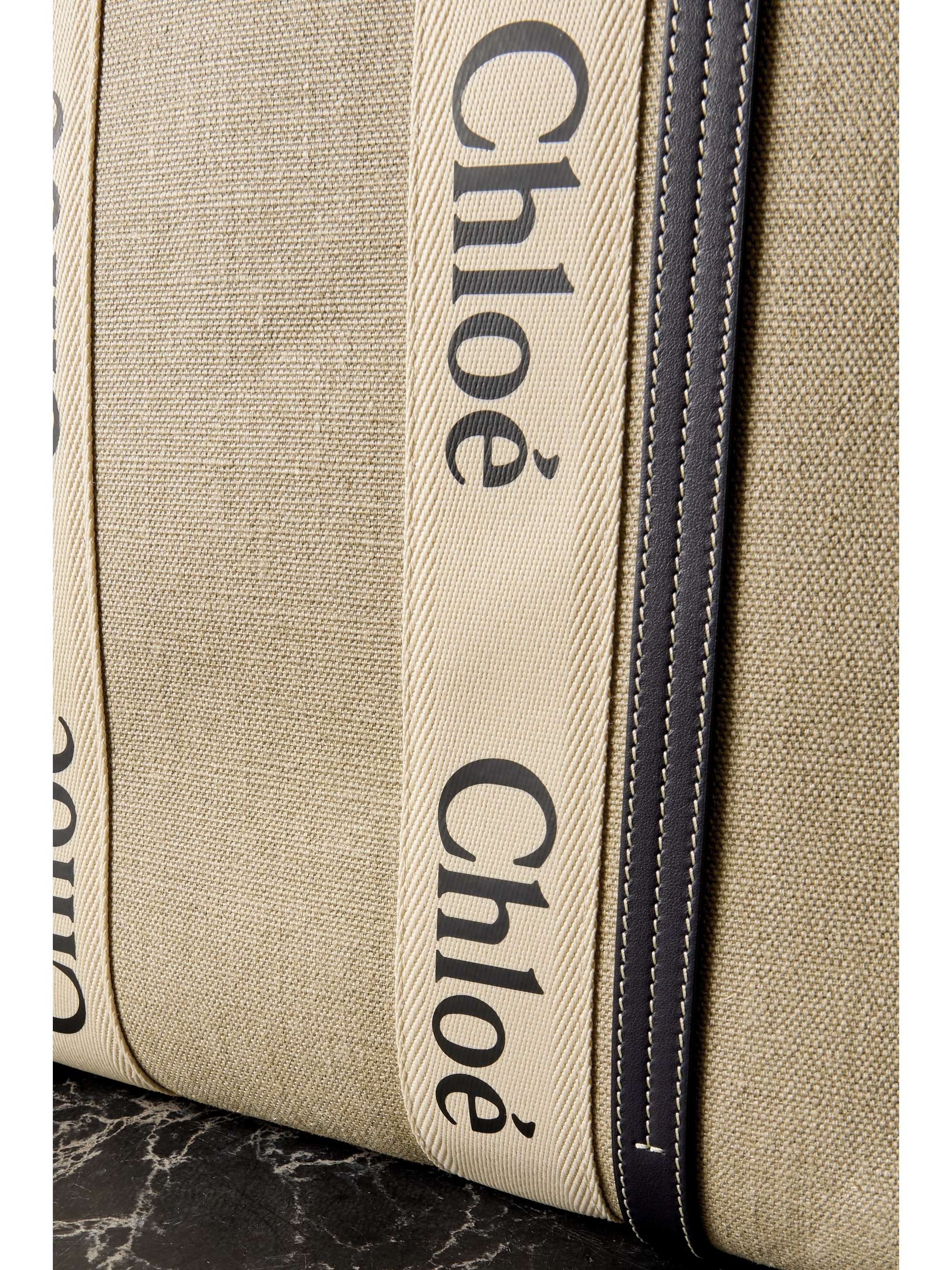 CHLOÉ + NET SUSTAIN Woody large leather-trimmed linen tote