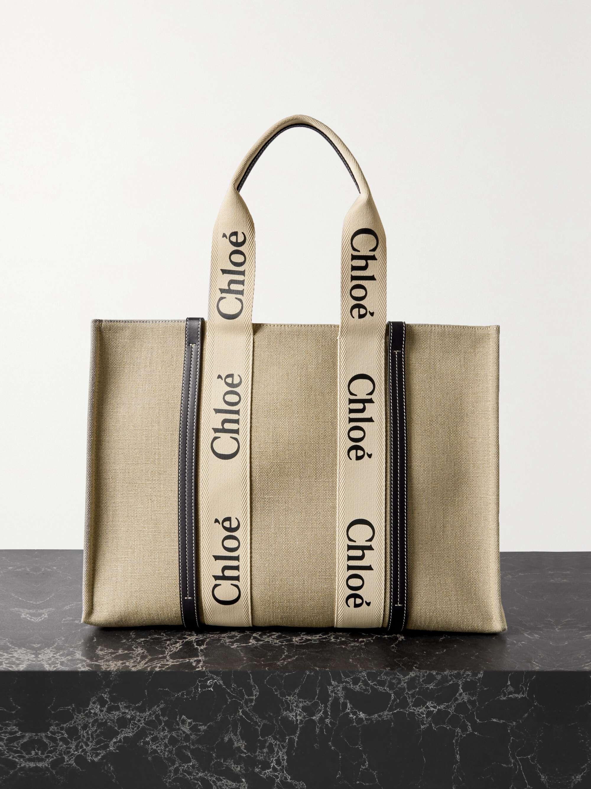 CHLOÉ + NET SUSTAIN Woody large leather-trimmed linen tote | NET-A-PORTER