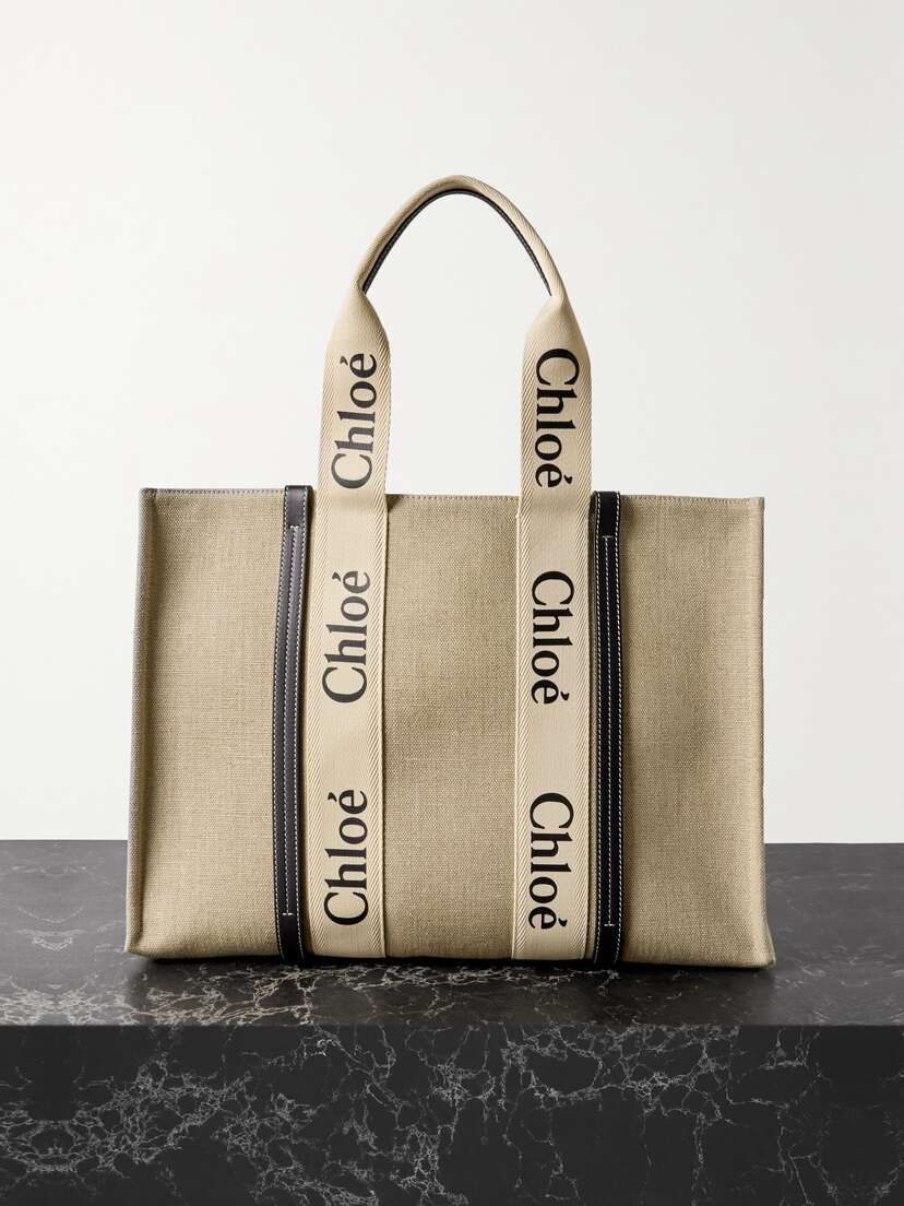 Chloé + Net Sustain Woody Large Leather-trimmed Linen Tote