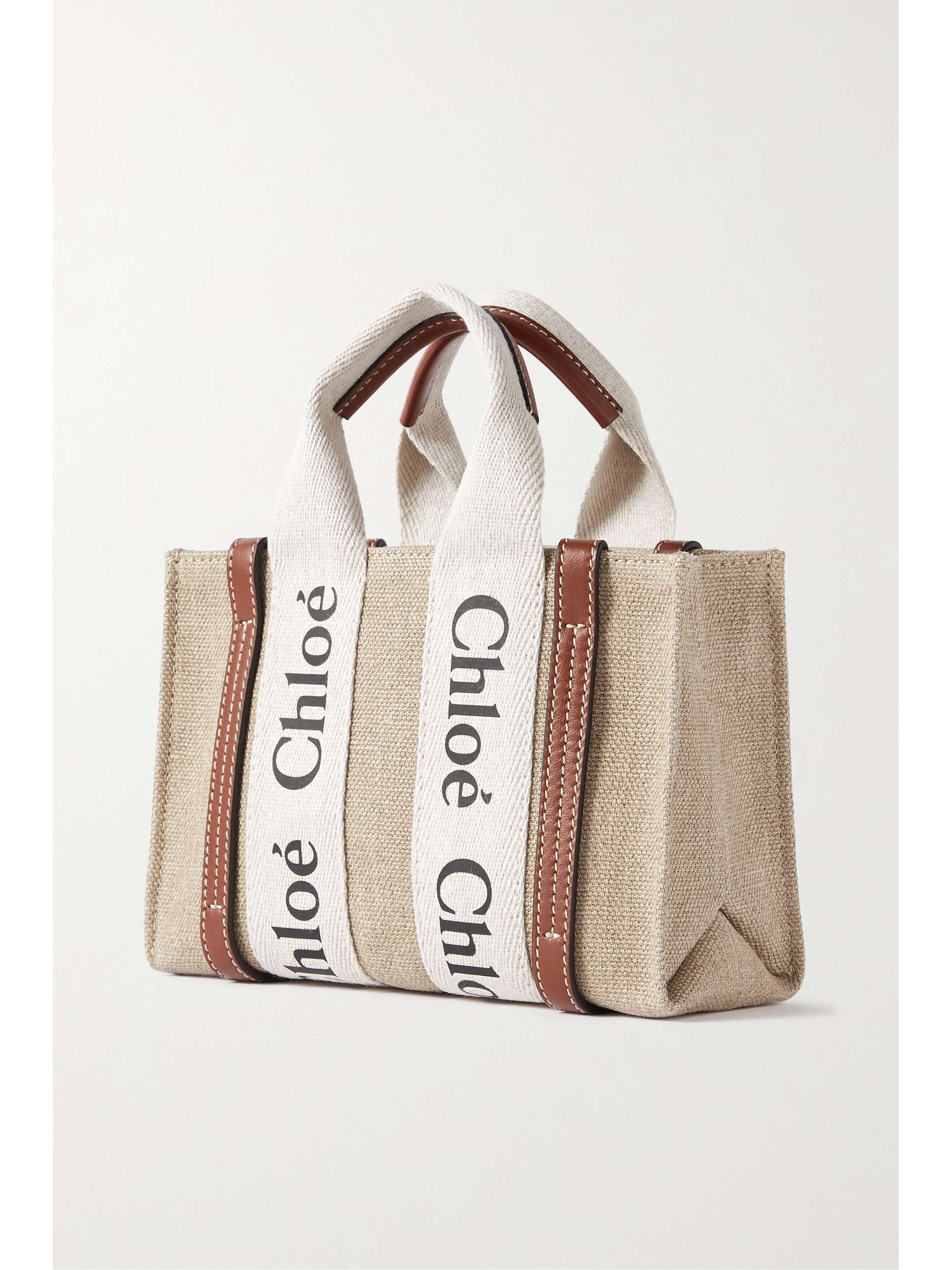 CHLOÉ + NET SUSTAIN Woody mini embroidered leather-trimmed linen-canvas tote