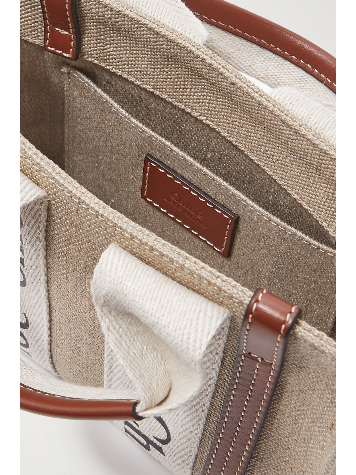Chloé Woody Mini Leather-trimmed Cotton-canvas Tote In Brown