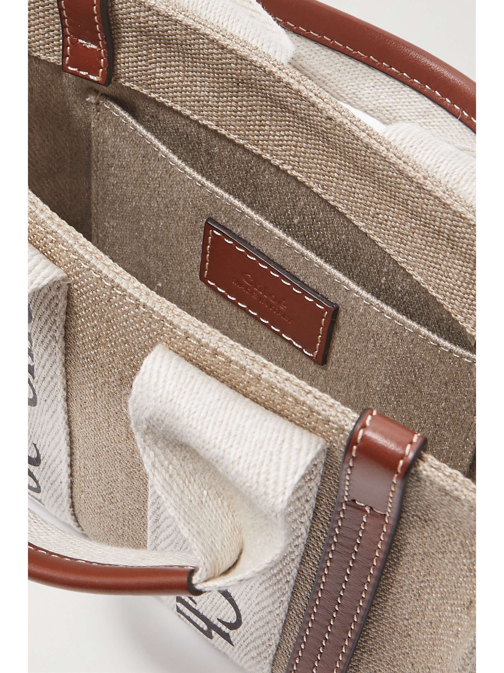 CHLOÉ + NET SUSTAIN Woody mini embroidered leather-trimmed linen-canvas tote