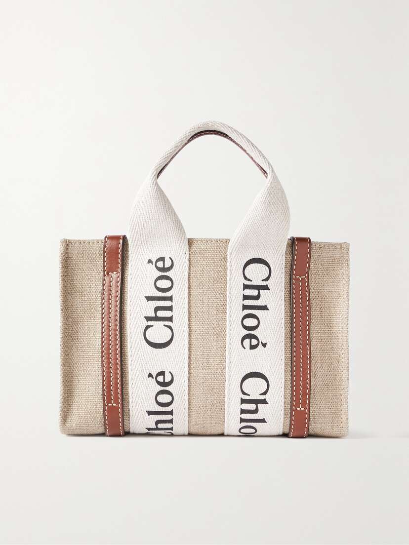 Chloé + Net Sustain Woody Mini Leather-trimmed Linen Tote