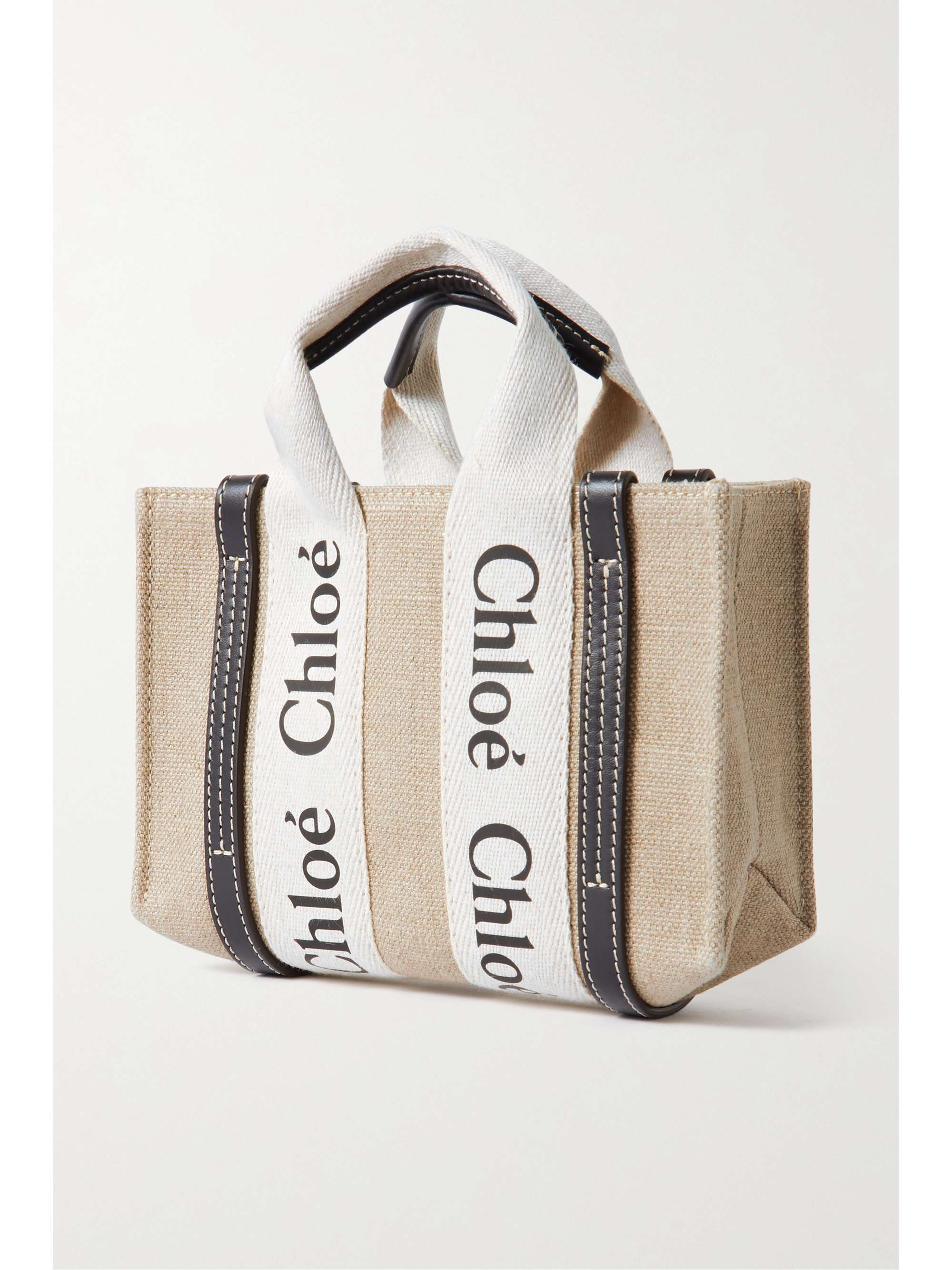 CHLOÉ + NET SUSTAIN Woody mini embroidered leather-trimmed linen-canvas tote