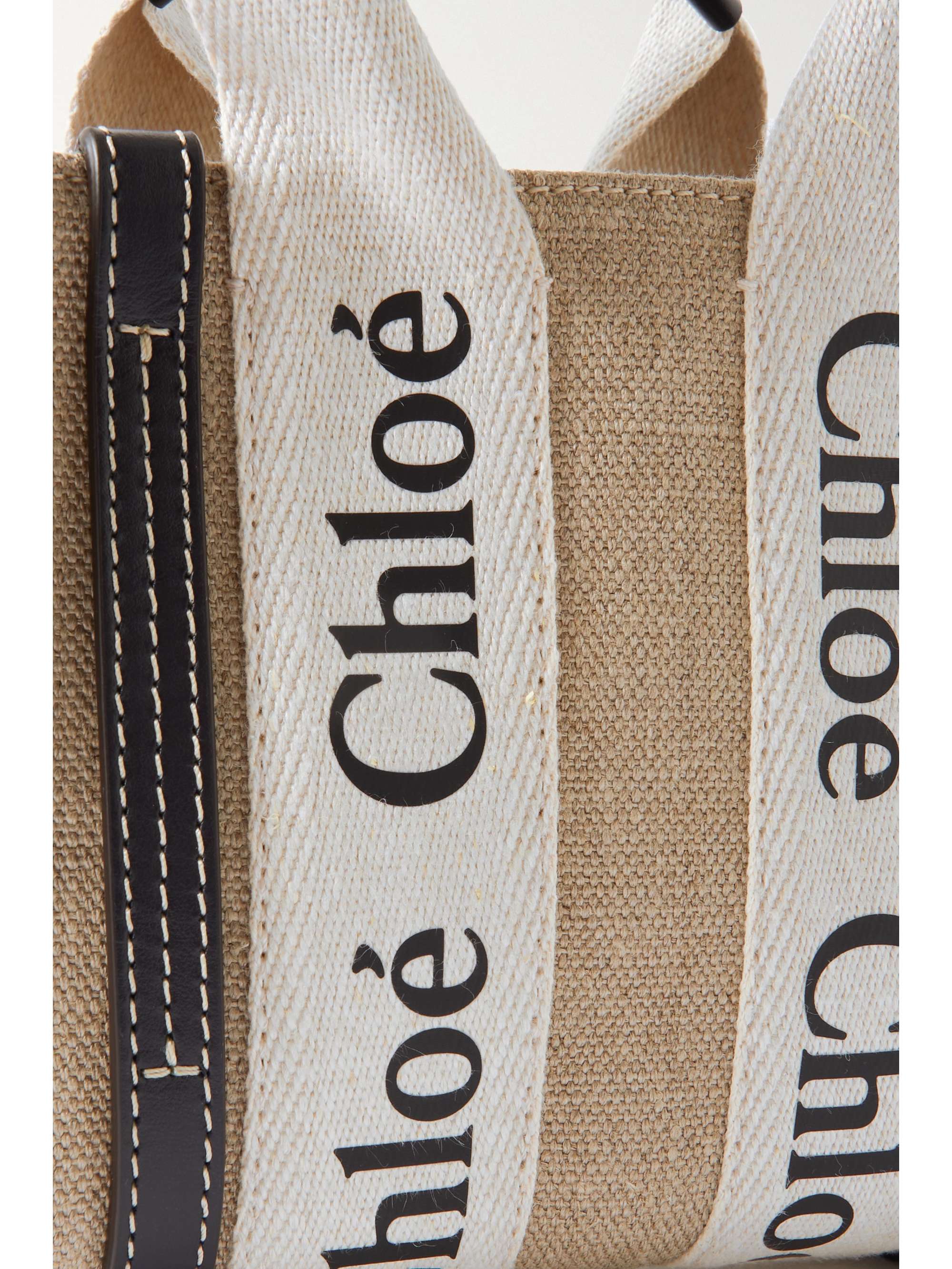 CHLOÉ + NET SUSTAIN Woody mini embroidered leather-trimmed linen-canvas tote