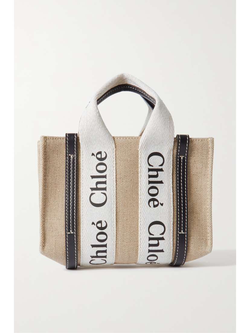Chloé + Net Sustain Woody Mini Leather-trimmed Linen Tote