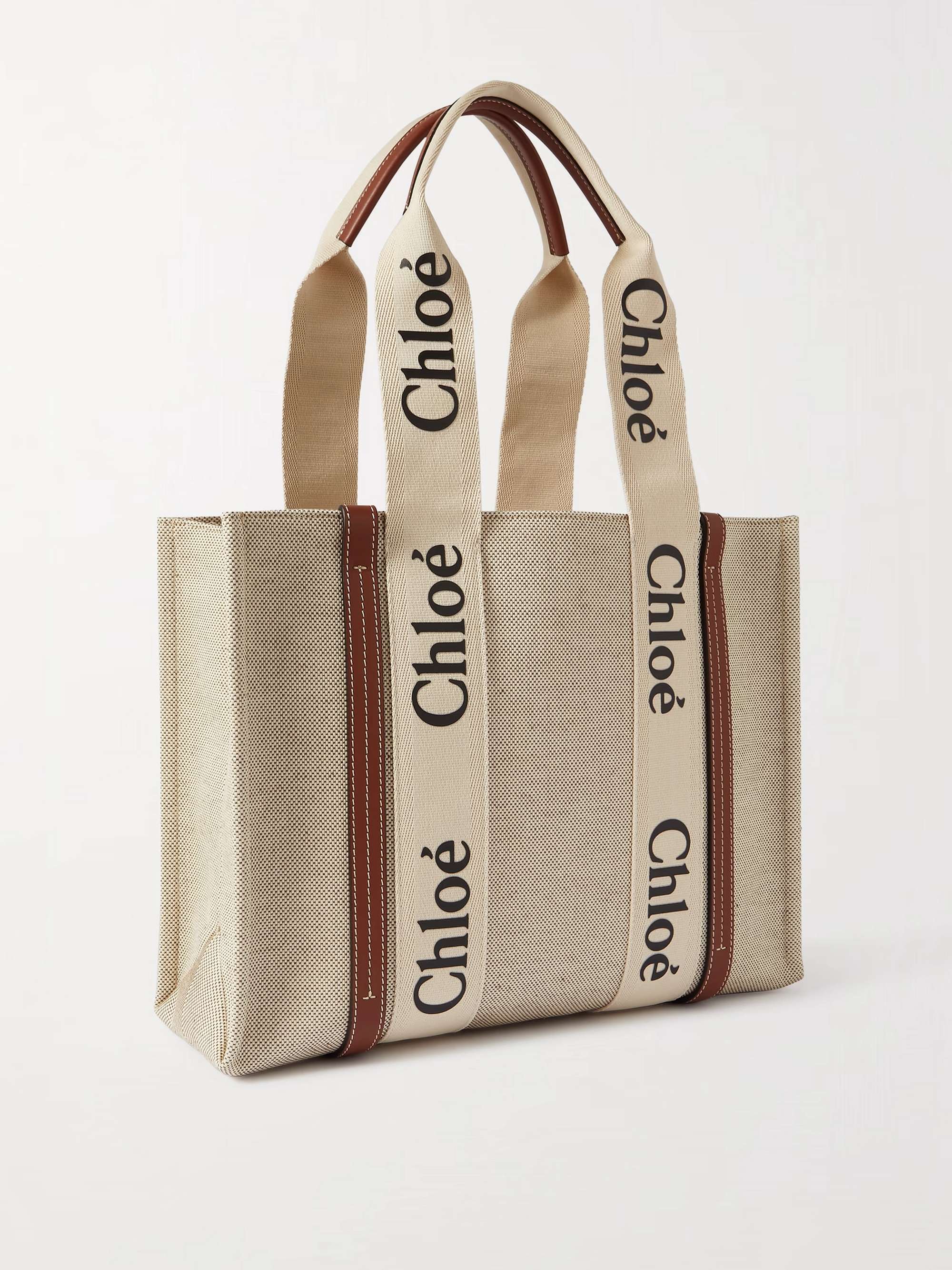 CHLOÉ + NET SUSTAIN Woody medium leather-trimmed linen tote