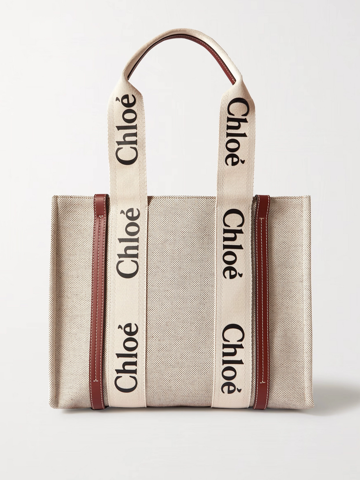 Shop Chloé + Net Sustain Woody Medium Leather And Webbing-trimmed Linen Tote In Brown