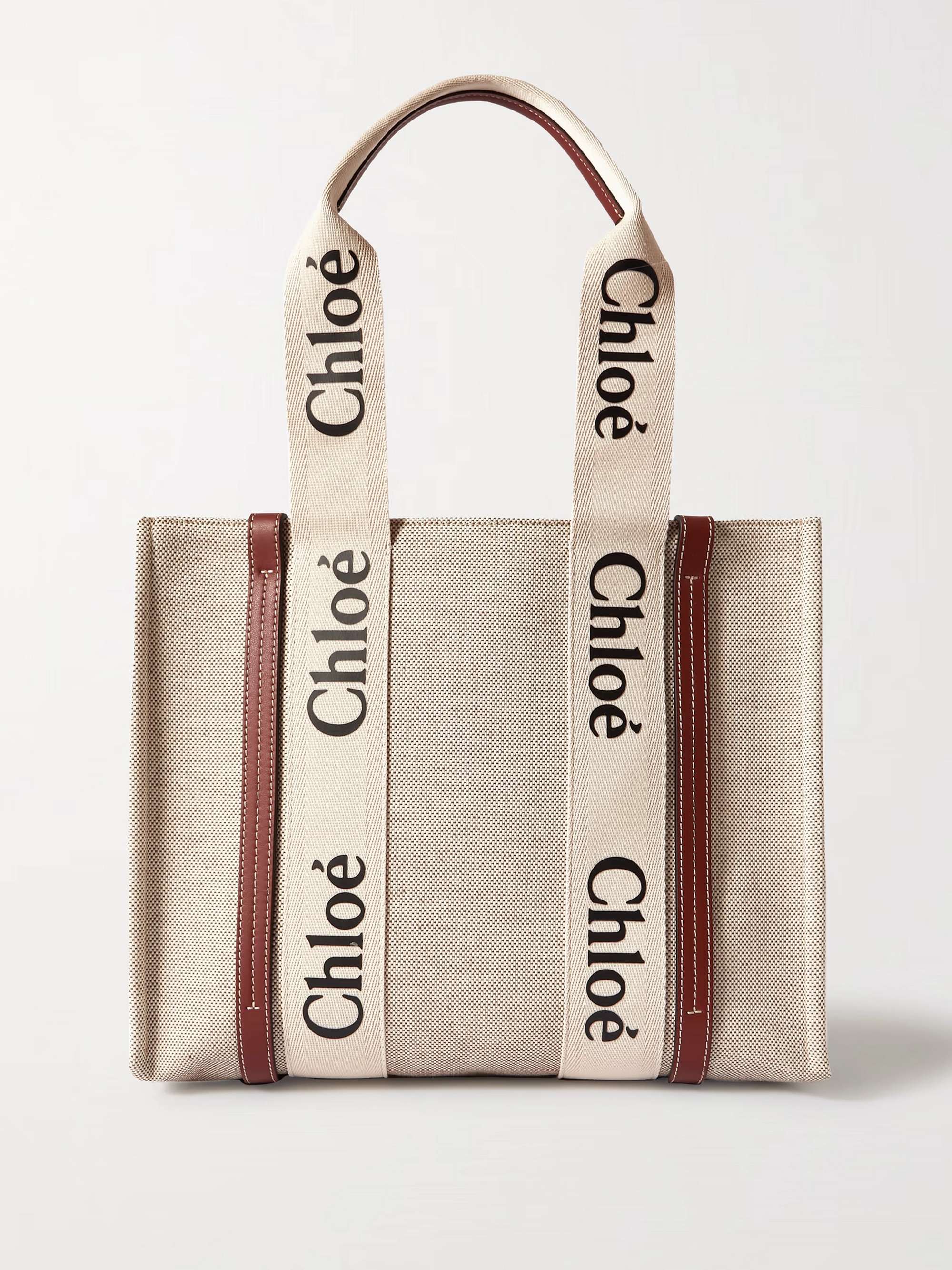 + NET SUSTAIN Woody medium leather and webbing-trimmed linen tote