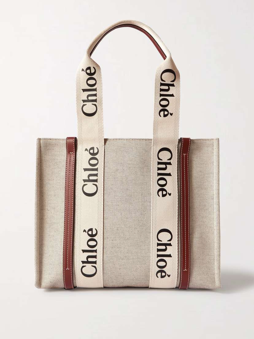 Chloé Woody Medium Leather And Webbing-trimmed Linen Tote