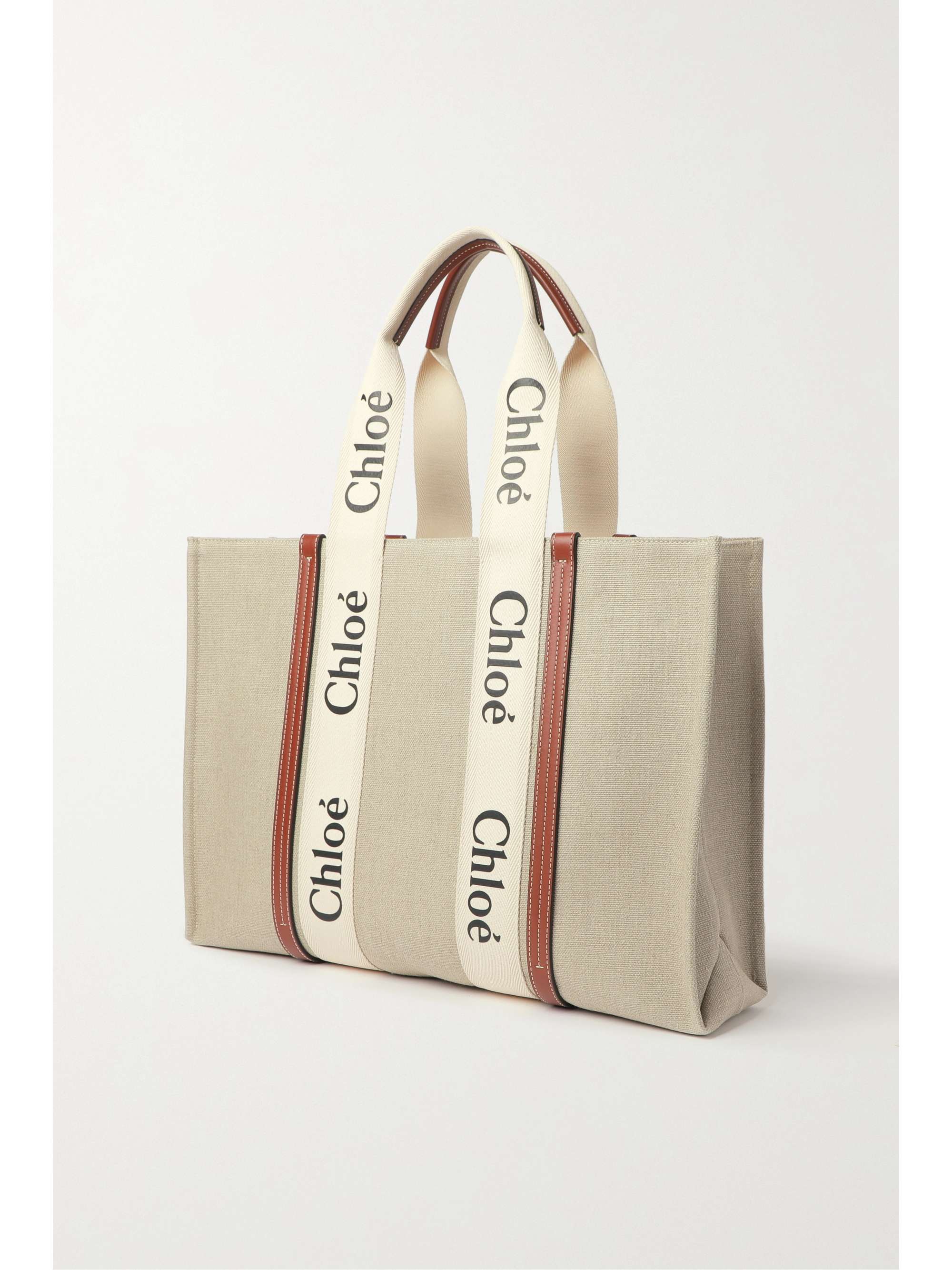 CHLOÉ + NET SUSTAIN Woody large leather-trimmed linen tote | NET-A-PORTER