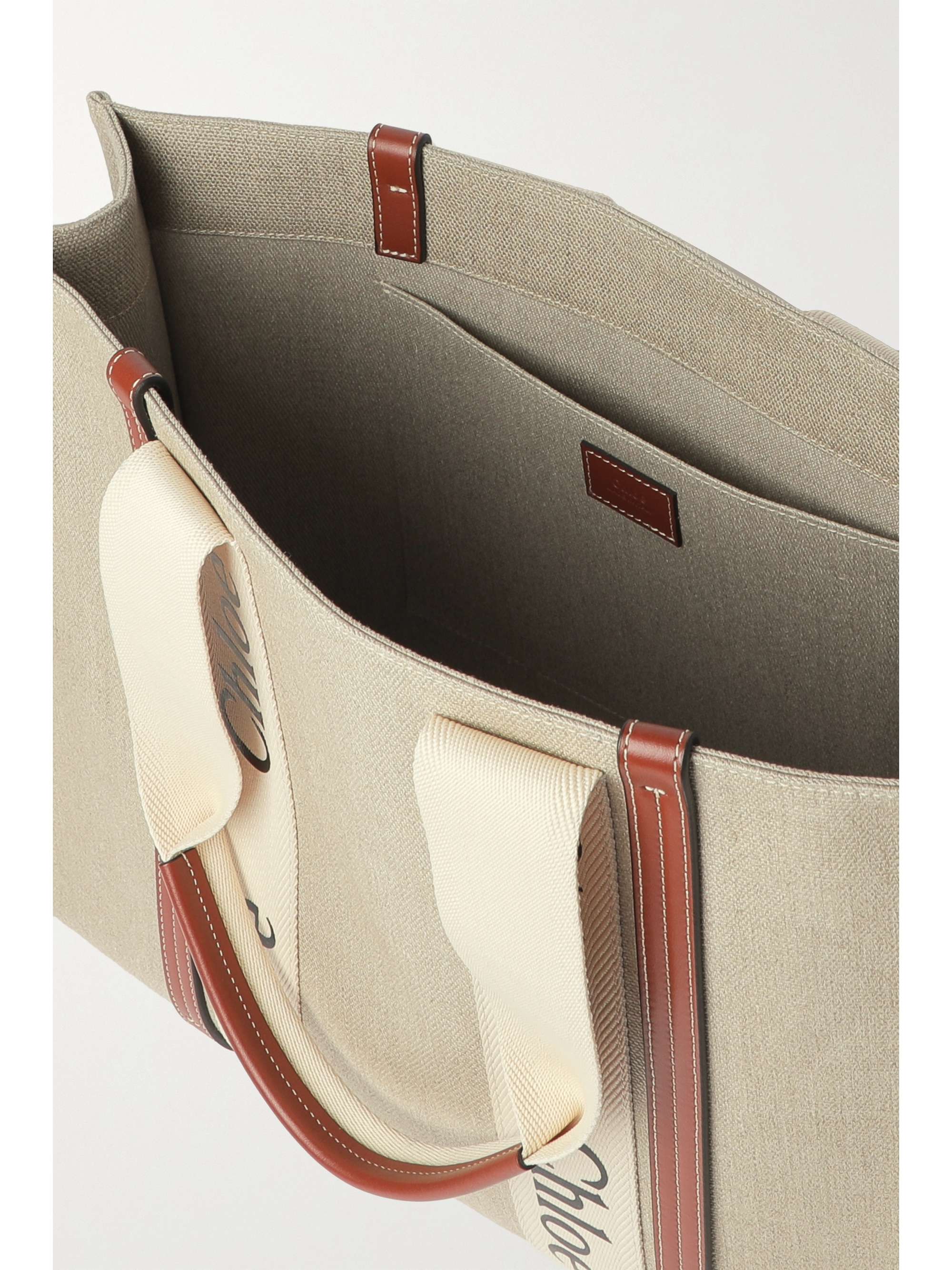 CHLOÉ + NET SUSTAIN Woody large leather-trimmed linen tote