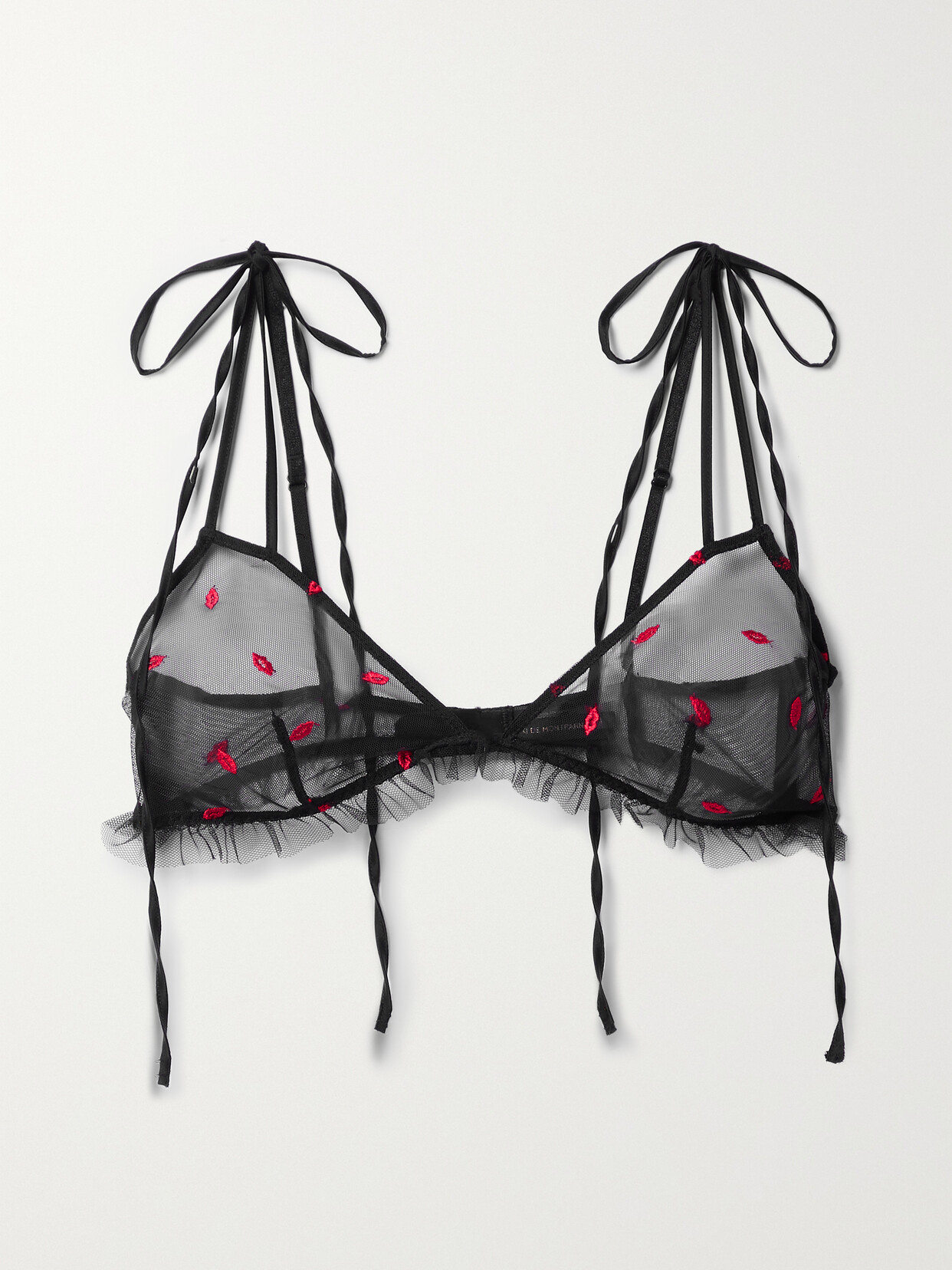 KIKI DE MONTPARNASSE BISOU RUFFLED EMBROIDERED TULLE SOFT-CUP BRA