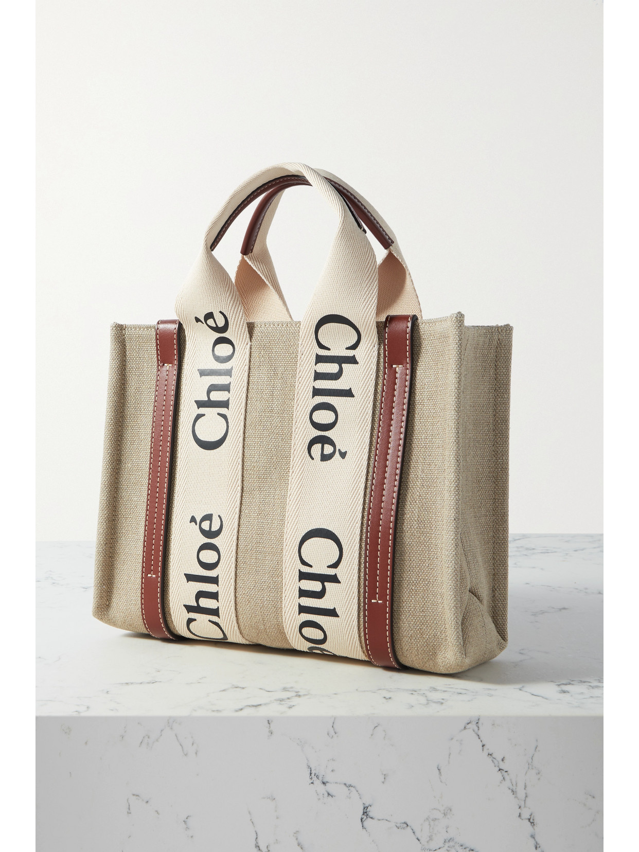 Chloé + Net Sustain Woody Small Embroidered Leather-trimmed Linen Tote In Brown