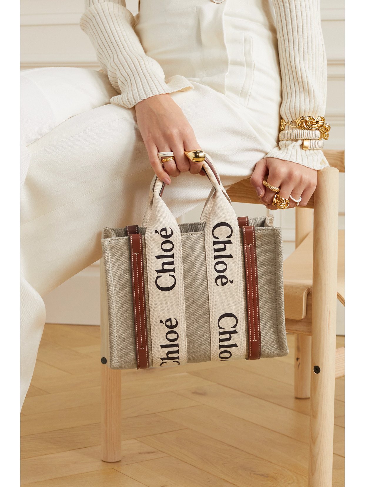Chloé + Net Sustain Woody Small Embroidered Leather-trimmed Linen Tote In Brown