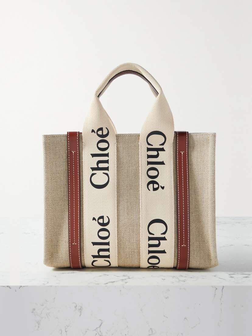 Chloé + Net Sustain Woody Small Embroidered Leather-trimmed Linen Tote