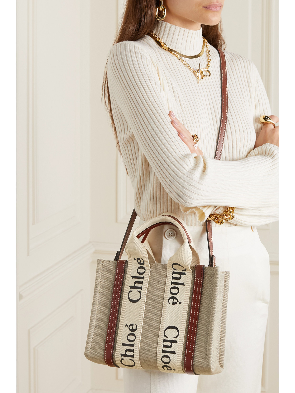 Chloé + Net Sustain Woody Small Embroidered Leather-trimmed Linen Tote In Brown