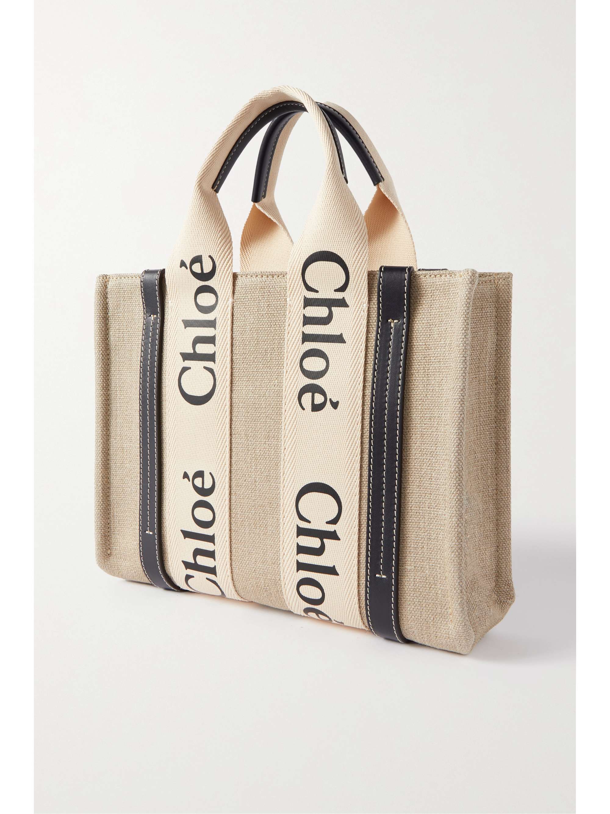 CHLOÉ + NET SUSTAIN Woody small embroidered leather-trimmed linen tote