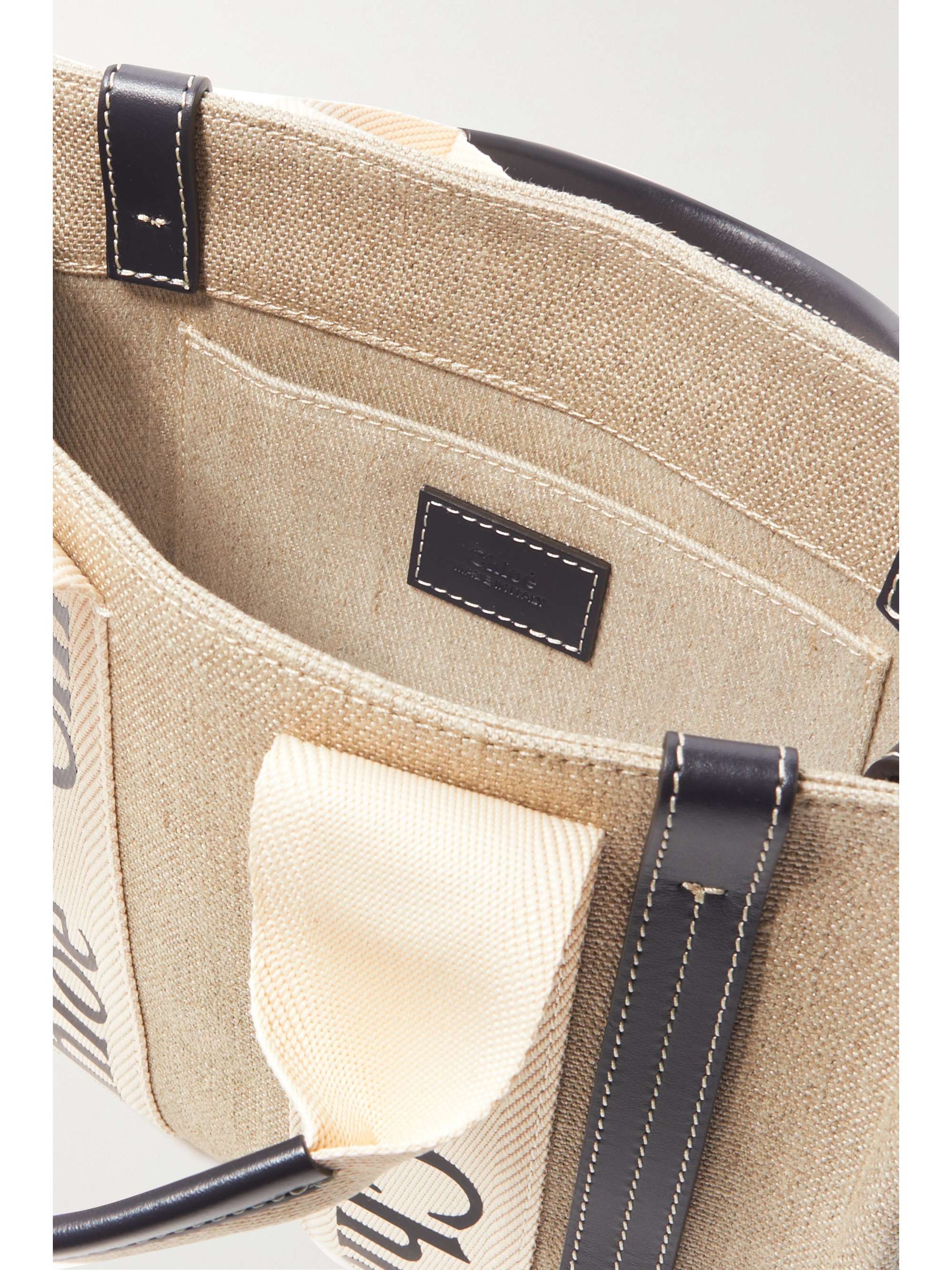 CHLOÉ + NET SUSTAIN Woody small embroidered leather-trimmed linen tote
