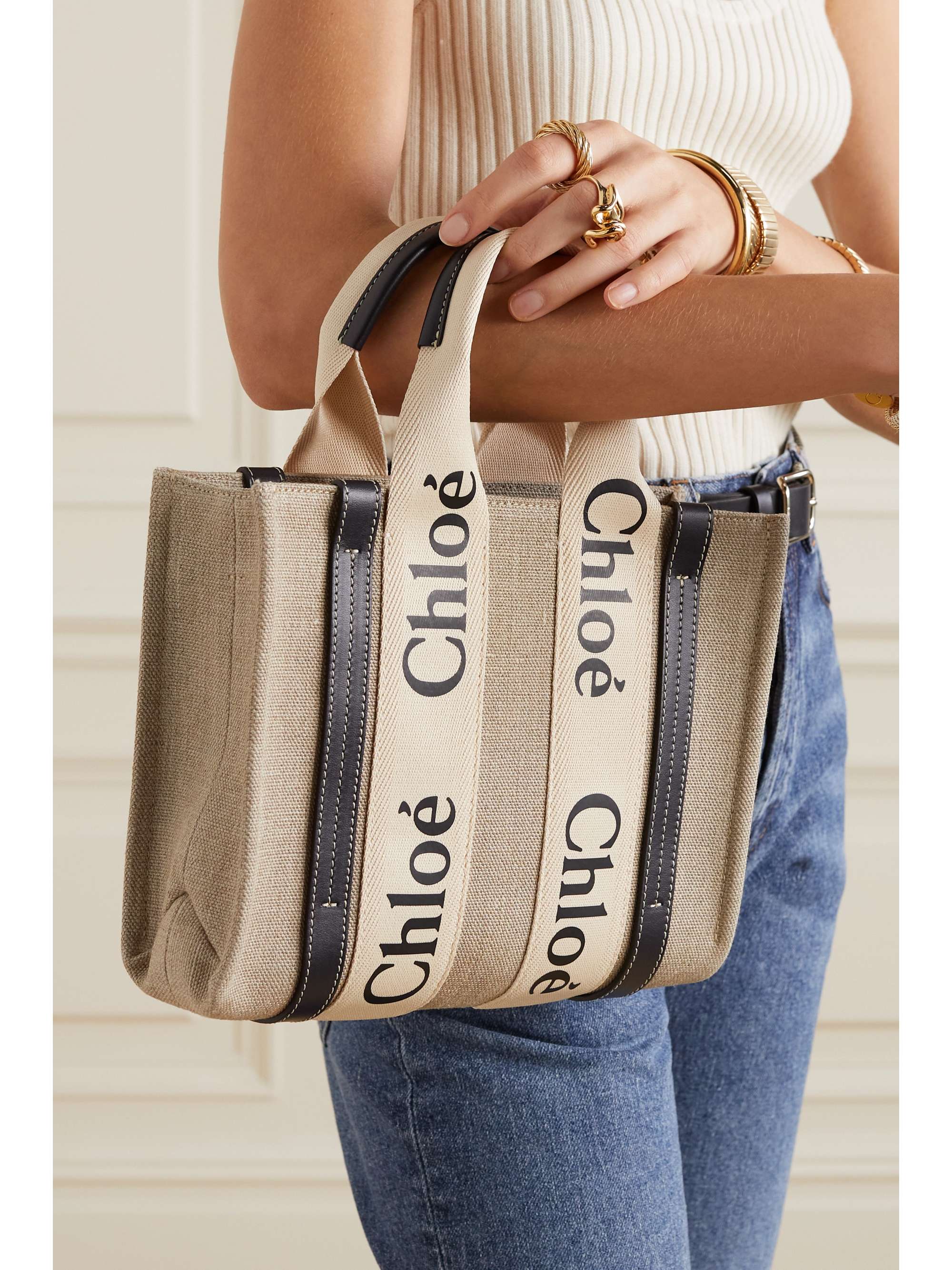 CHLOÉ + NET SUSTAIN Woody small embroidered leather-trimmed linen tote