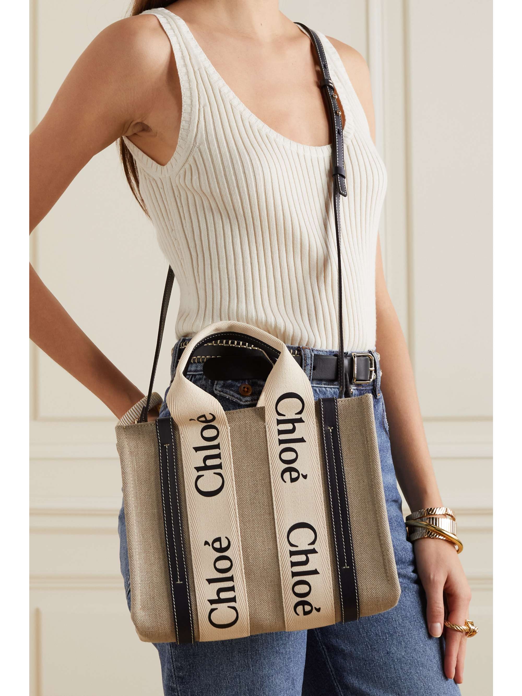 Chloé Small Woody Logo Strap Linen Tote unae.edu.py