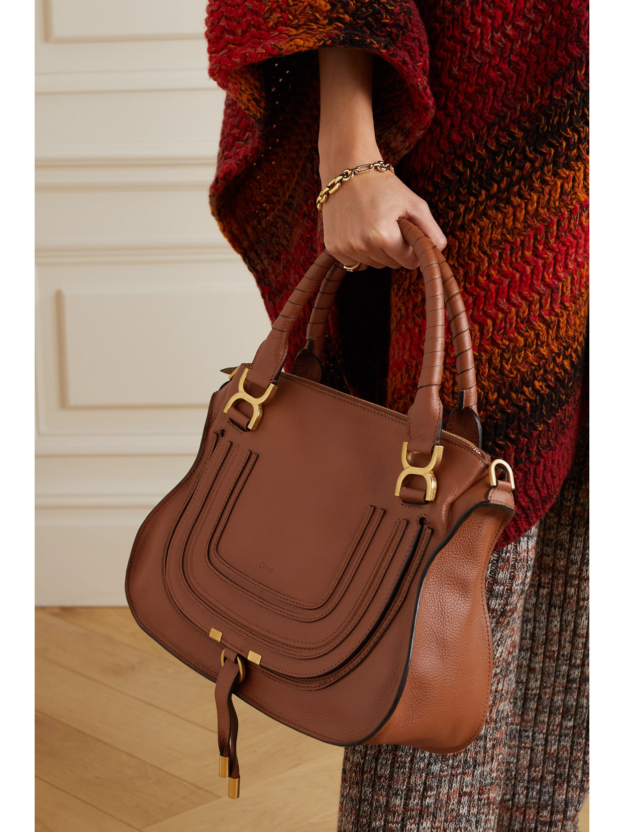 Shop Chloé + Net Sustain Marcie Medium Textured-leather Tote In Brown