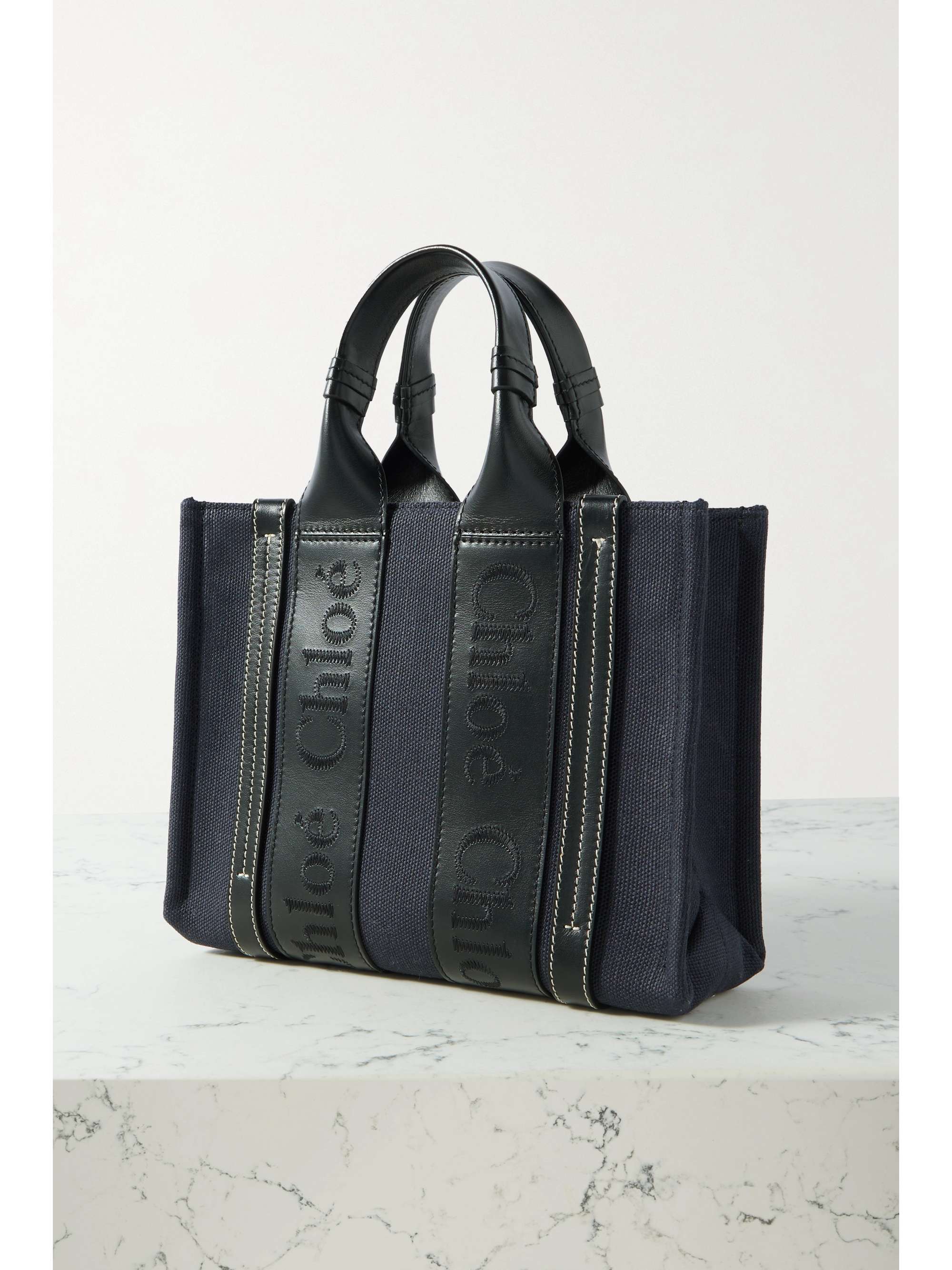 CHLOÉ + NET SUSTAIN Woody small embroidered leather-trimmed canvas tote