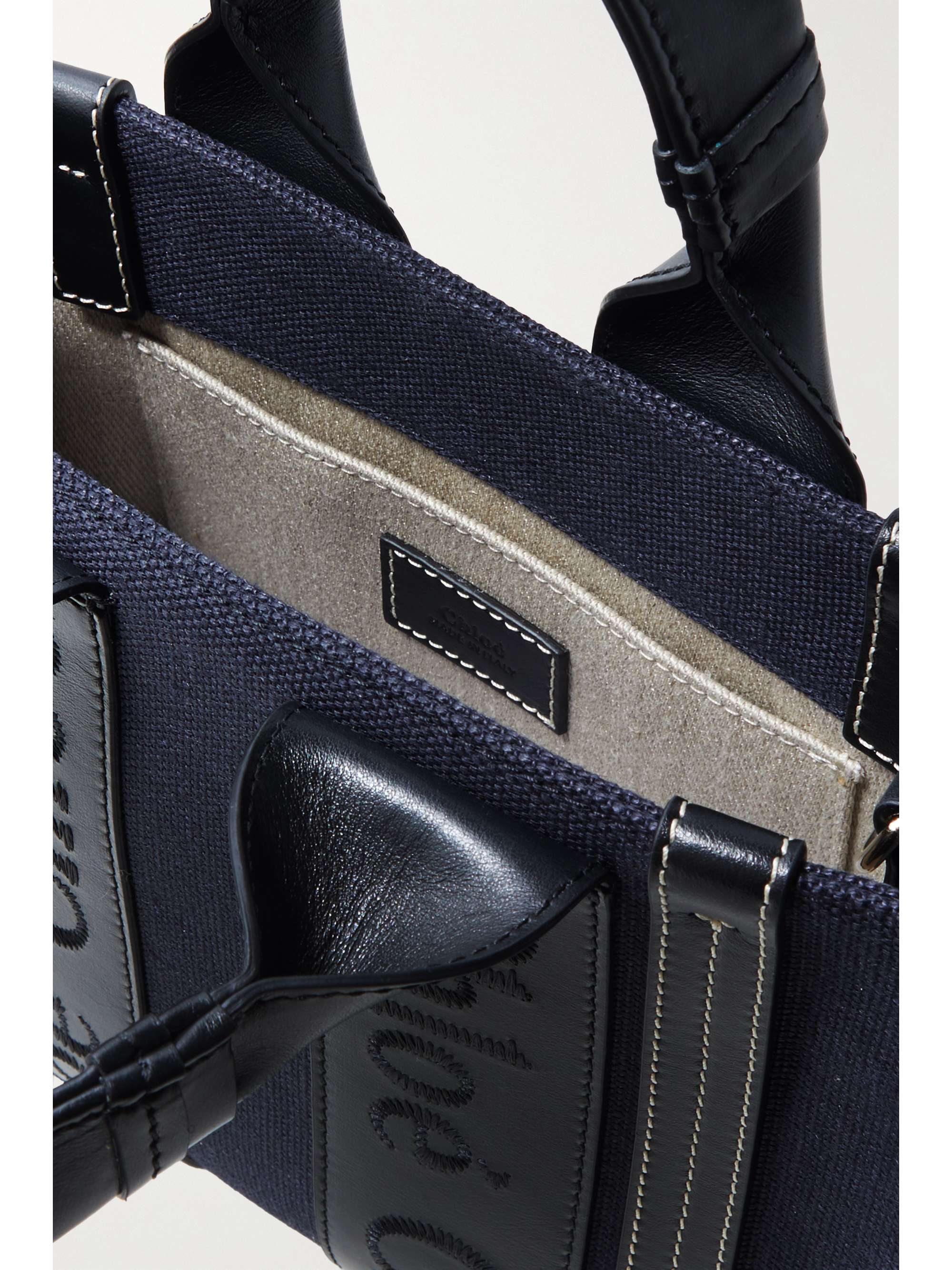 CHLOÉ + NET SUSTAIN Woody small embroidered leather-trimmed canvas tote