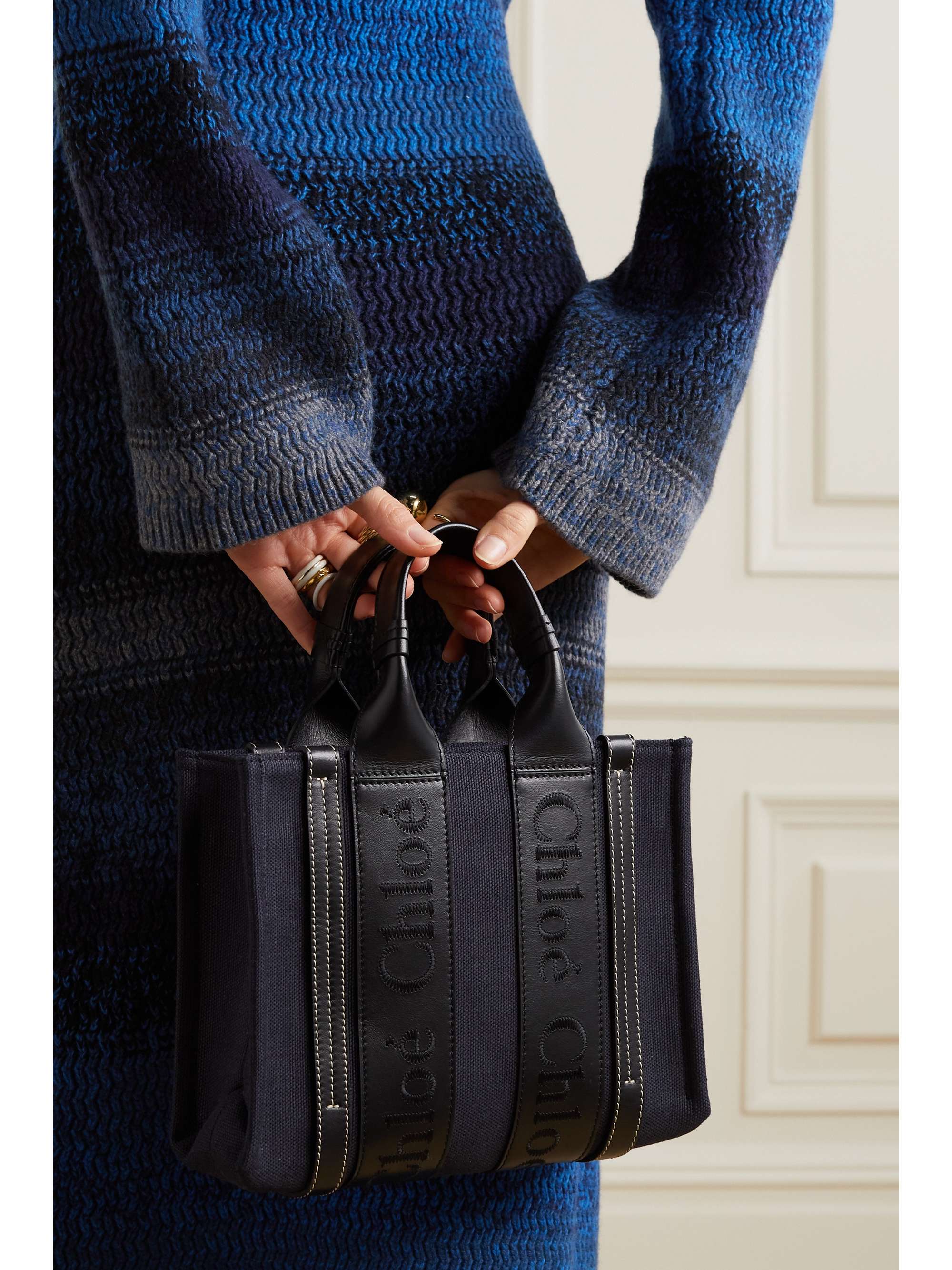 CHLOÉ + NET SUSTAIN Woody small embroidered leather-trimmed canvas tote