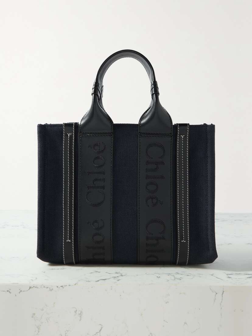 Chloé + Net Sustain Woody Small Embroidered Leather-trimmed Canvas Tote