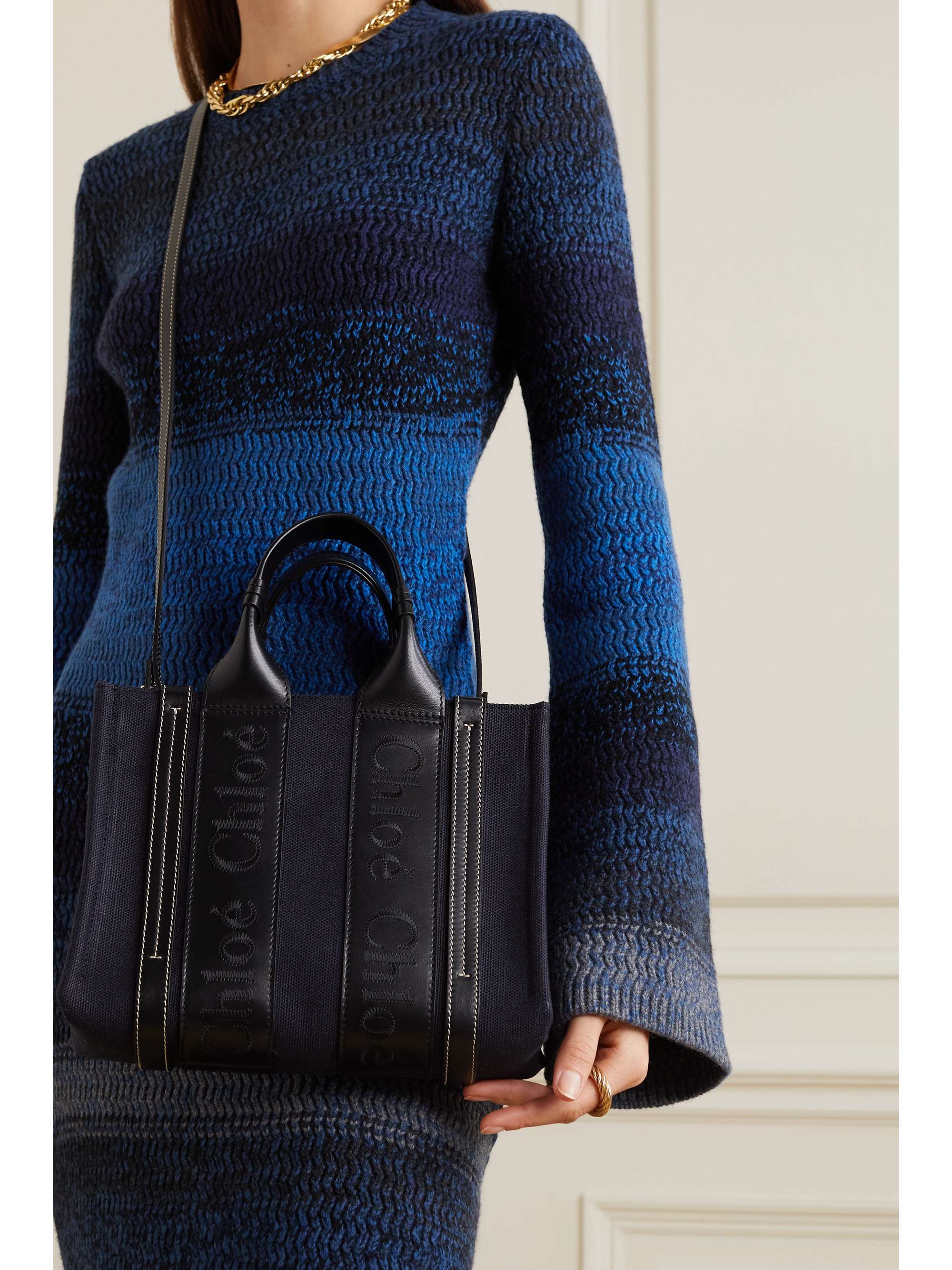 CHLOÉ + NET SUSTAIN Woody small embroidered leather-trimmed canvas tote