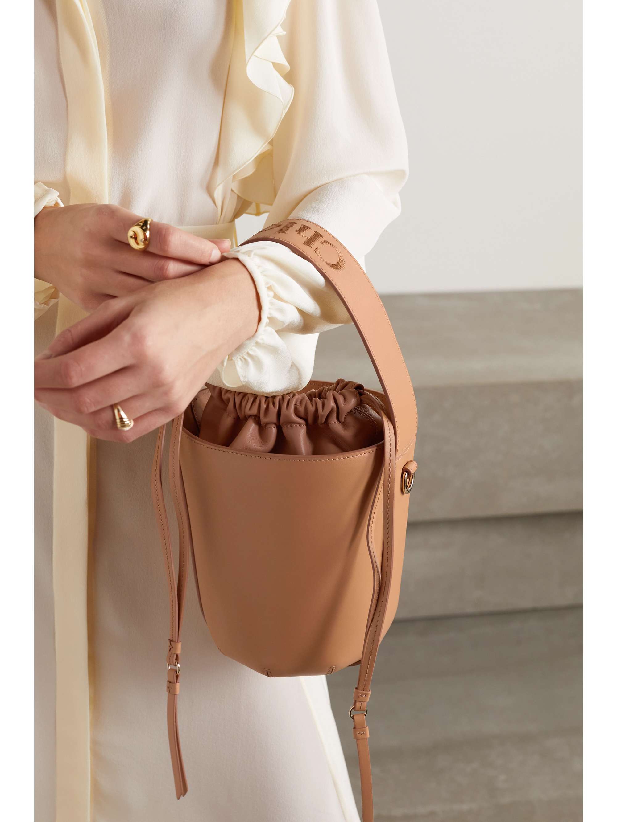 CHLOÉ + NET SUSTAIN Sense embroidered leather bucket bag