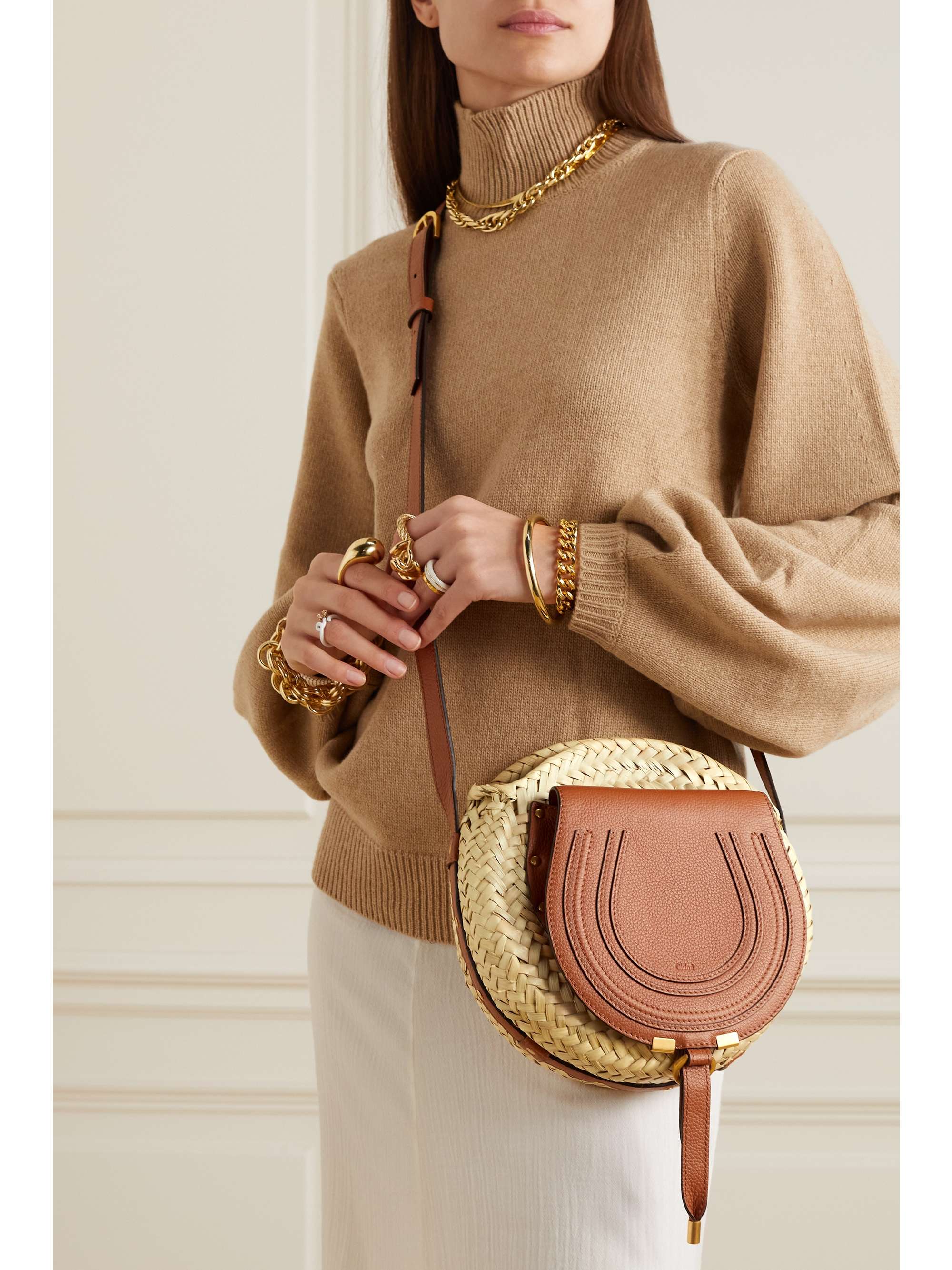 CHLOÉ + NET SUSTAIN Marcie leather and raffia shoulder bag