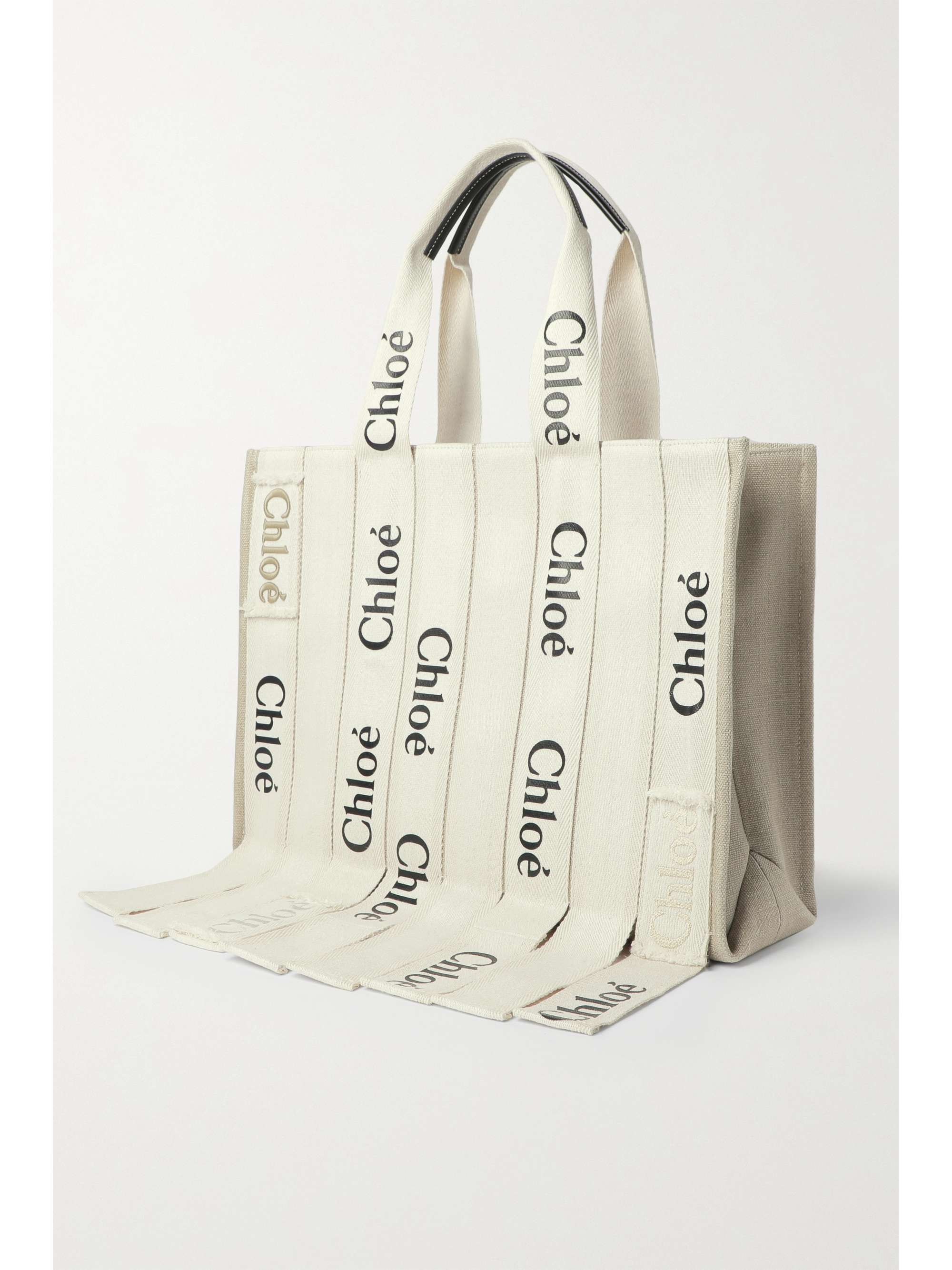 CHLOÉ Woody medium leather-trimmed fringed cotton-canvas tote