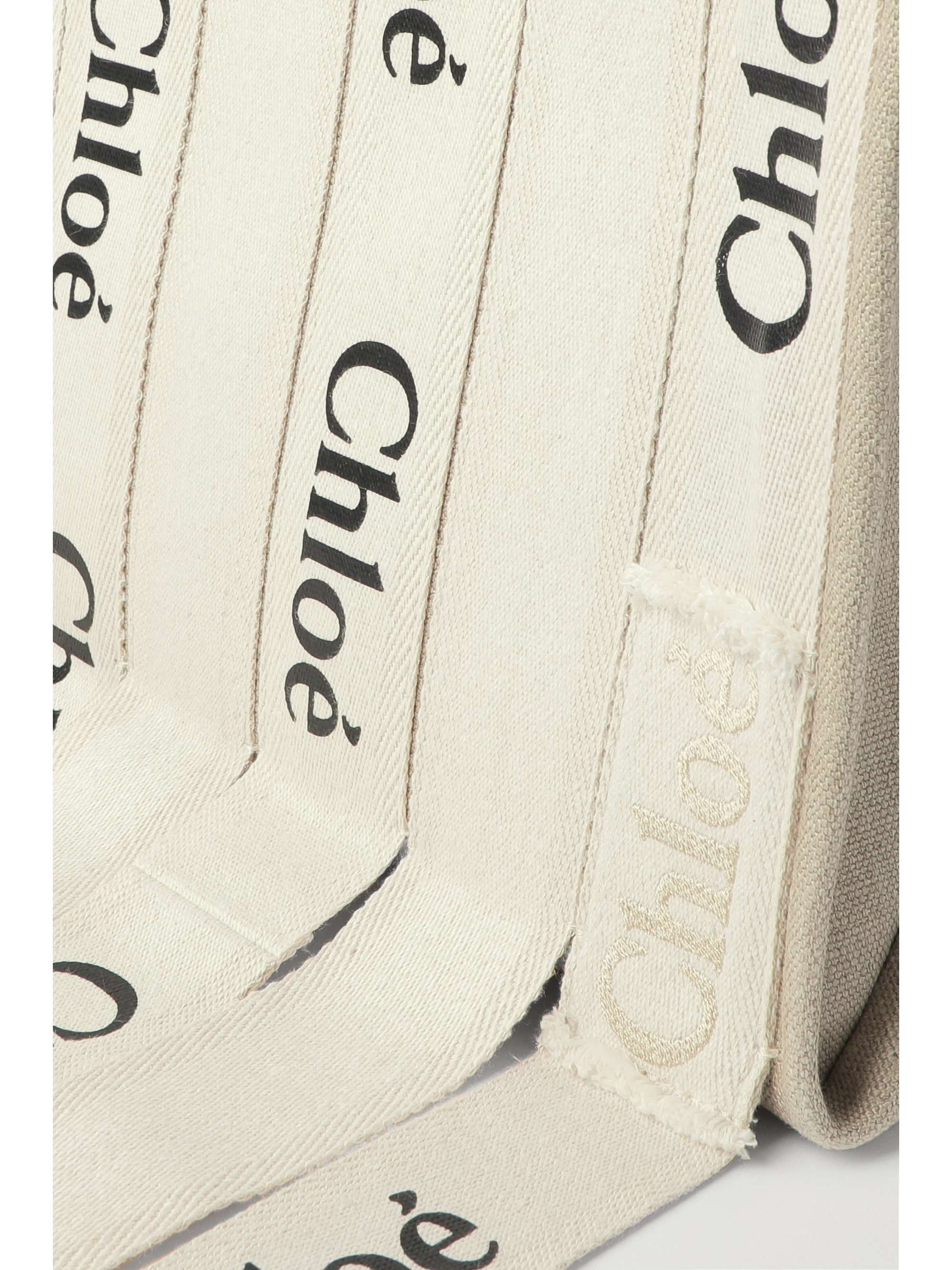 CHLOÉ Woody medium leather-trimmed fringed cotton-canvas tote