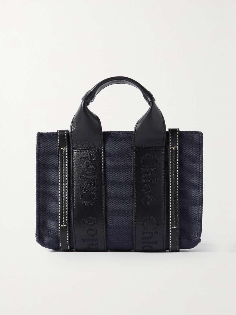 Chloé + Net Sustain Woody Mini Embroidered Leather-trimmed Linen-canvas Tote