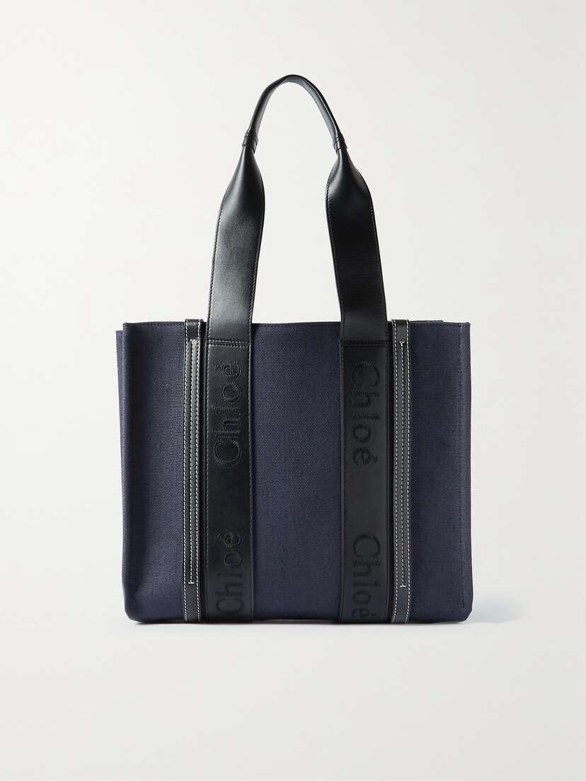 Chloé + Net Sustain Woody Medium Embroidered Leather-trimmed Linen-canvas Tote