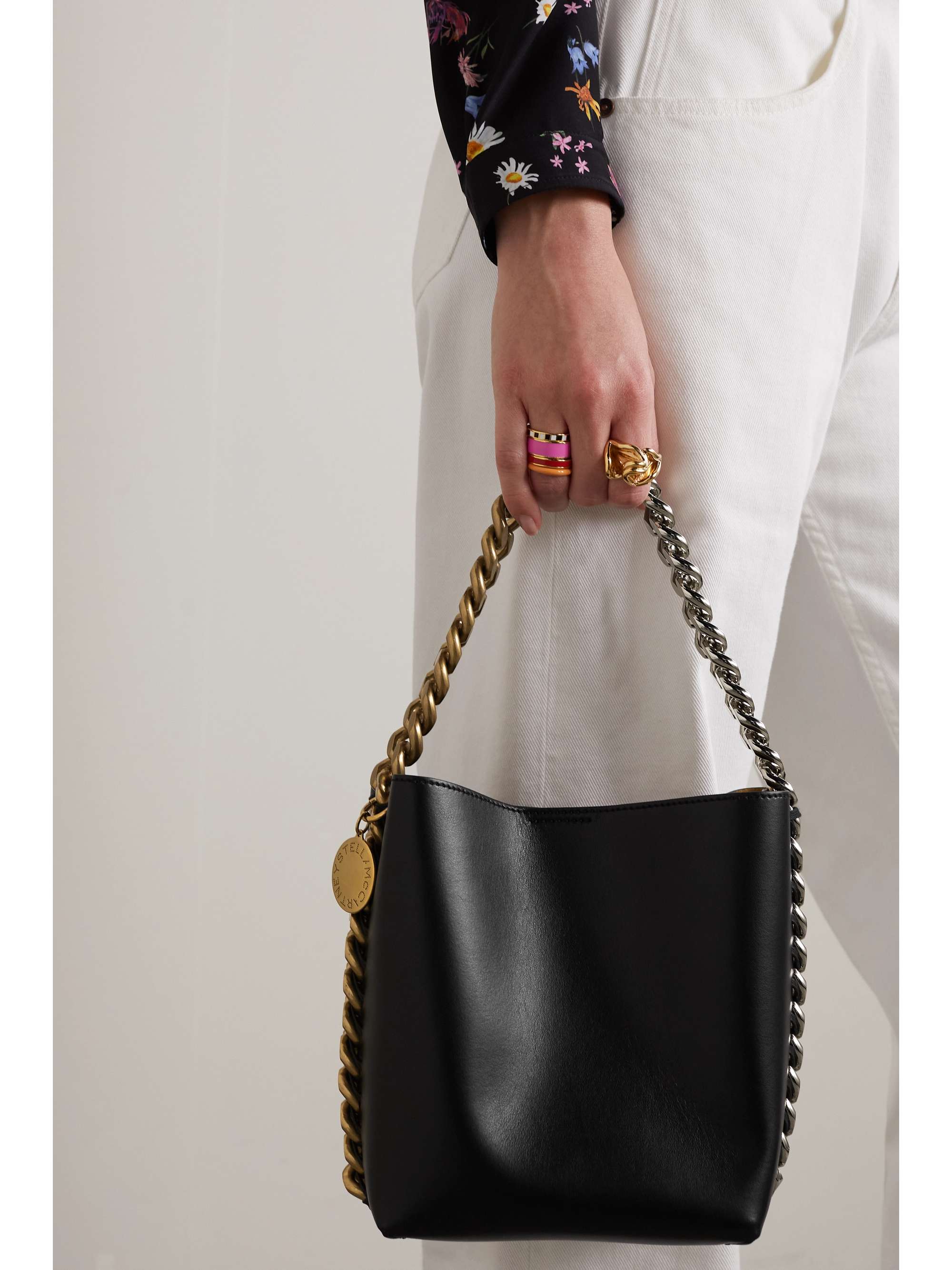 STELLA MCCARTNEY Frayme chain-trimmed vegetarian leather bucket bag