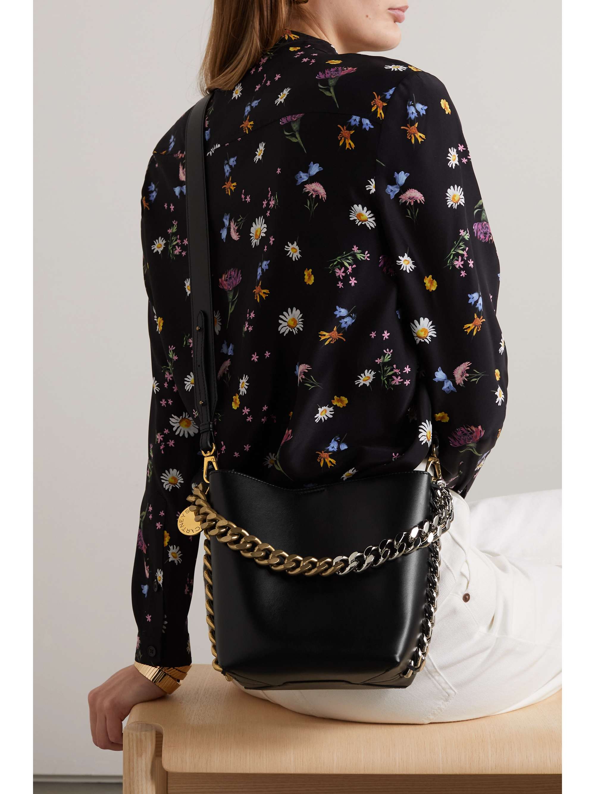 STELLA MCCARTNEY Frayme chain-trimmed vegetarian leather bucket bag