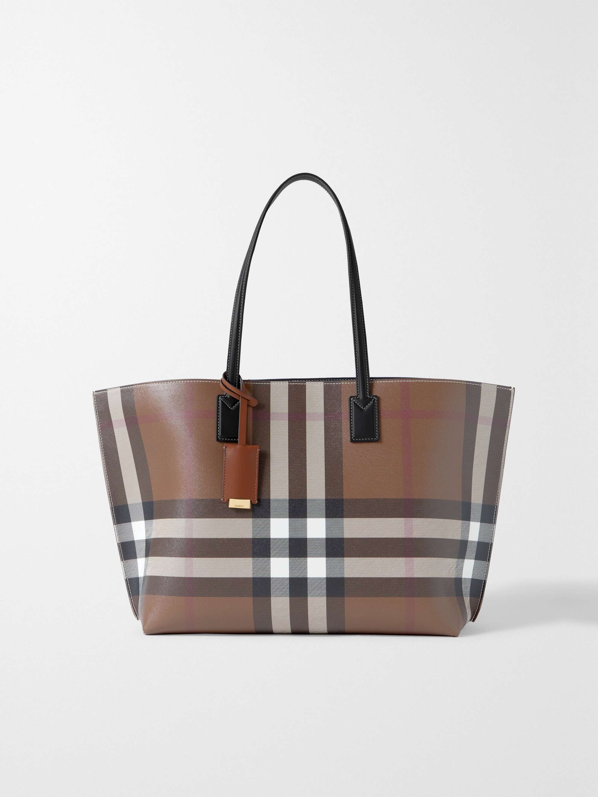 Leather-trimmed checked canvas tote