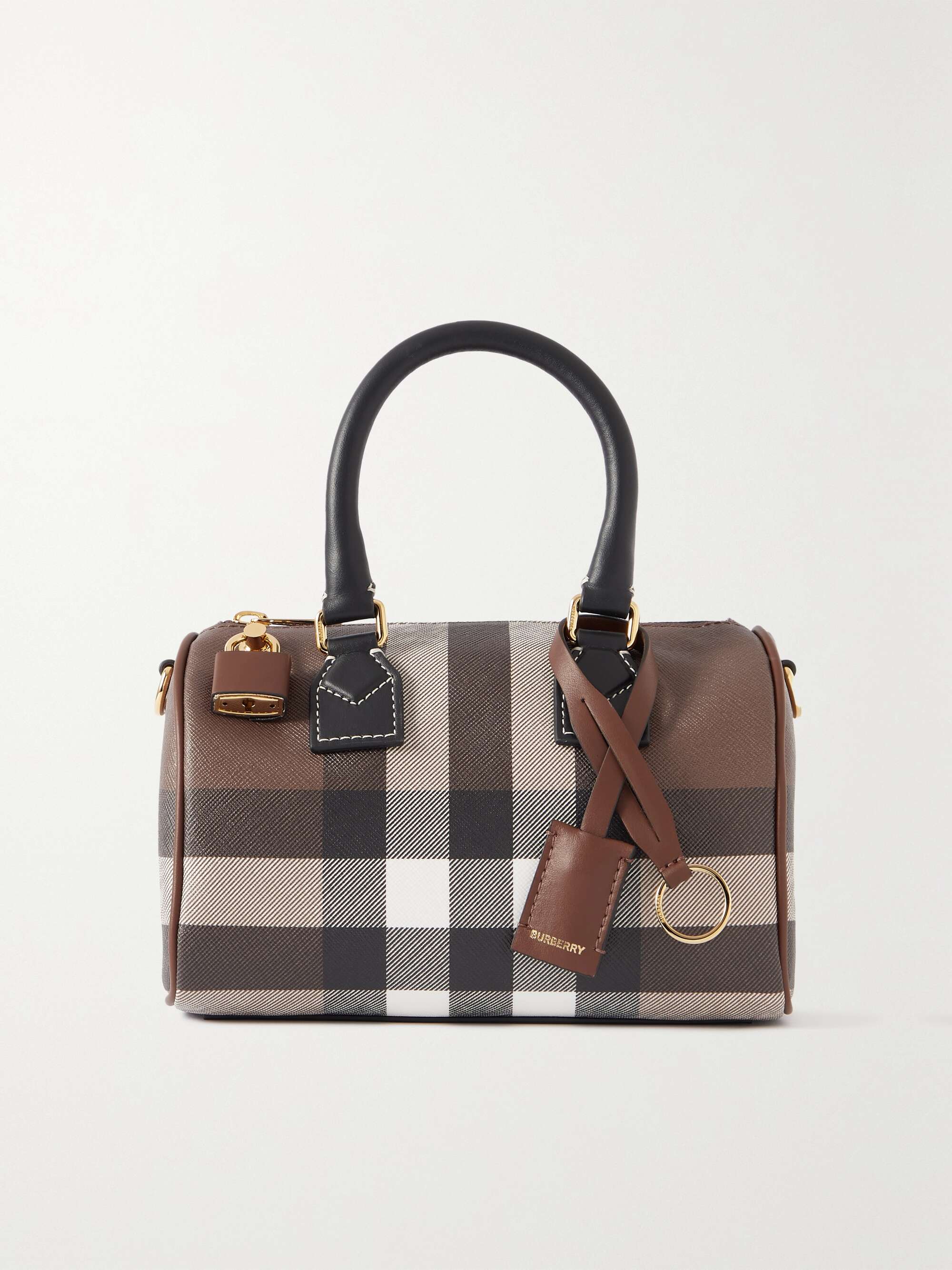 Leather-trimmed checked coated-canvas tote