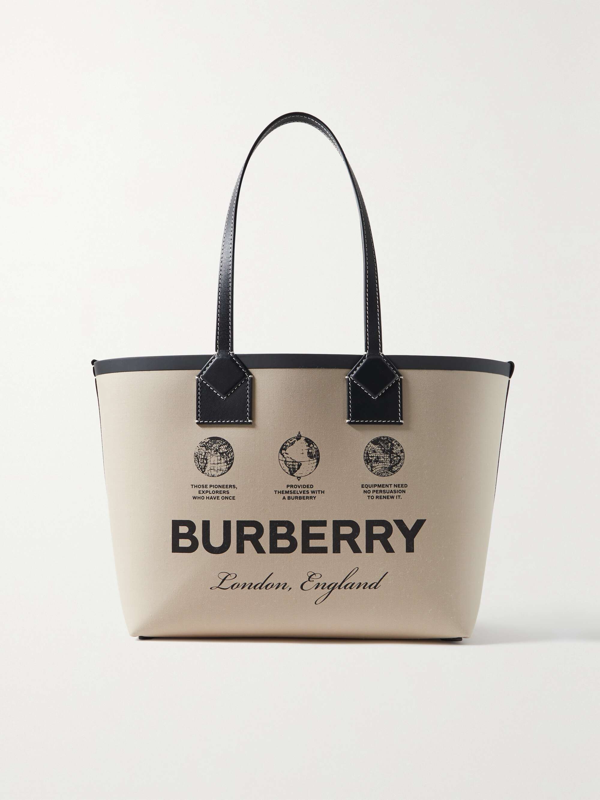 Leather-trimmed printed twill tote