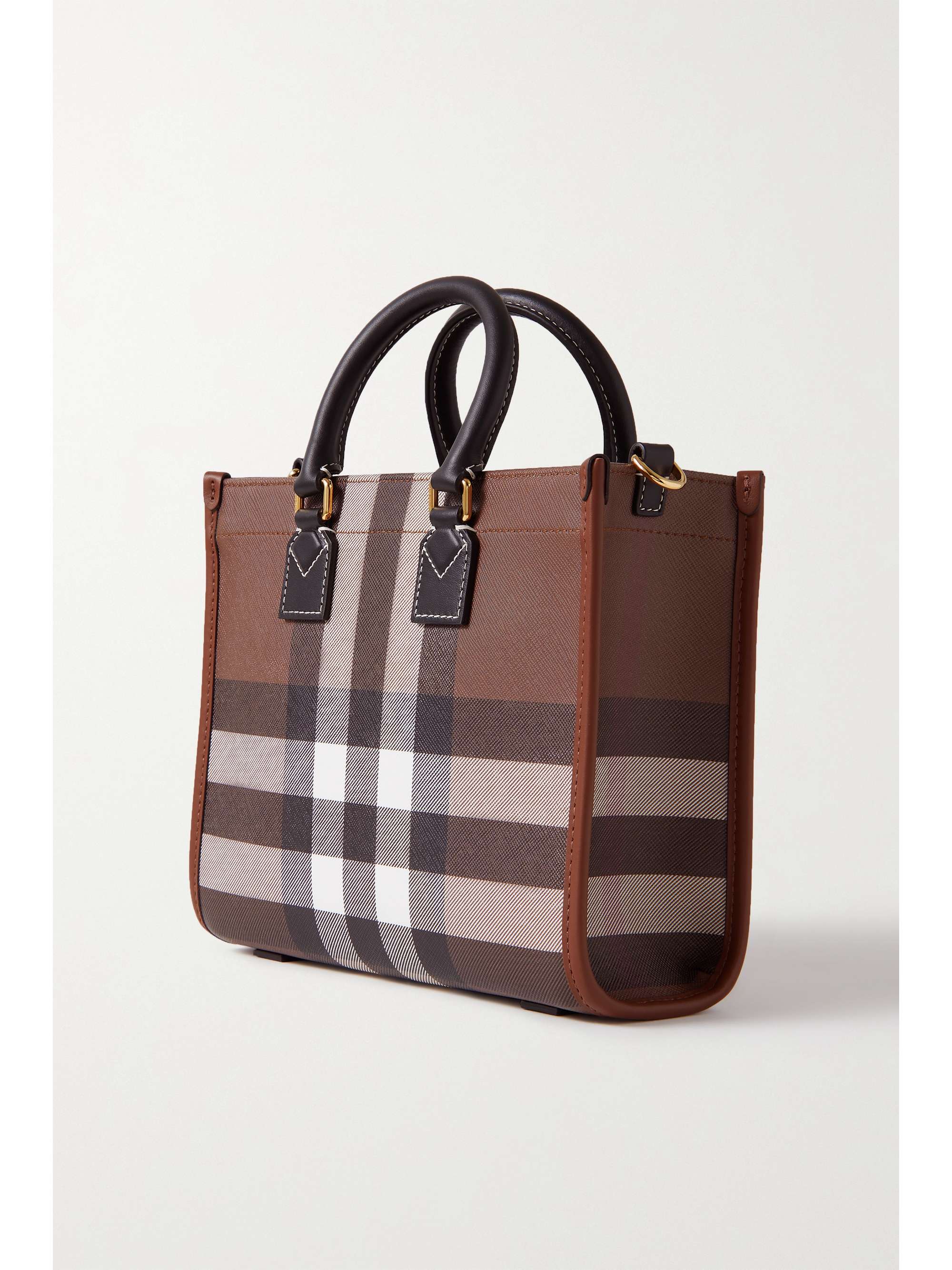 BURBERRY Mini leather-trimmed checked coated-canvas tote