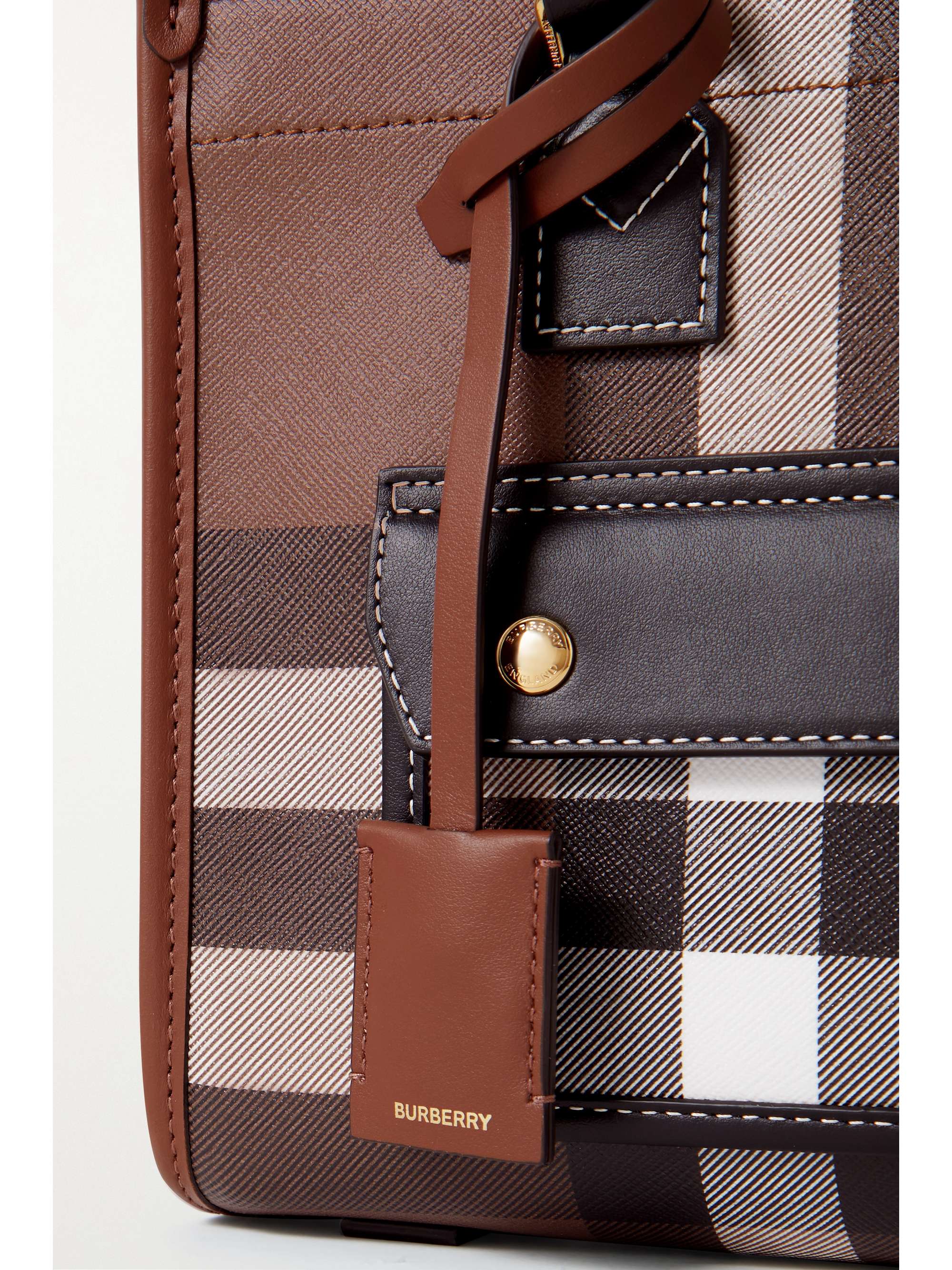 BURBERRY Mini leather-trimmed checked coated-canvas tote