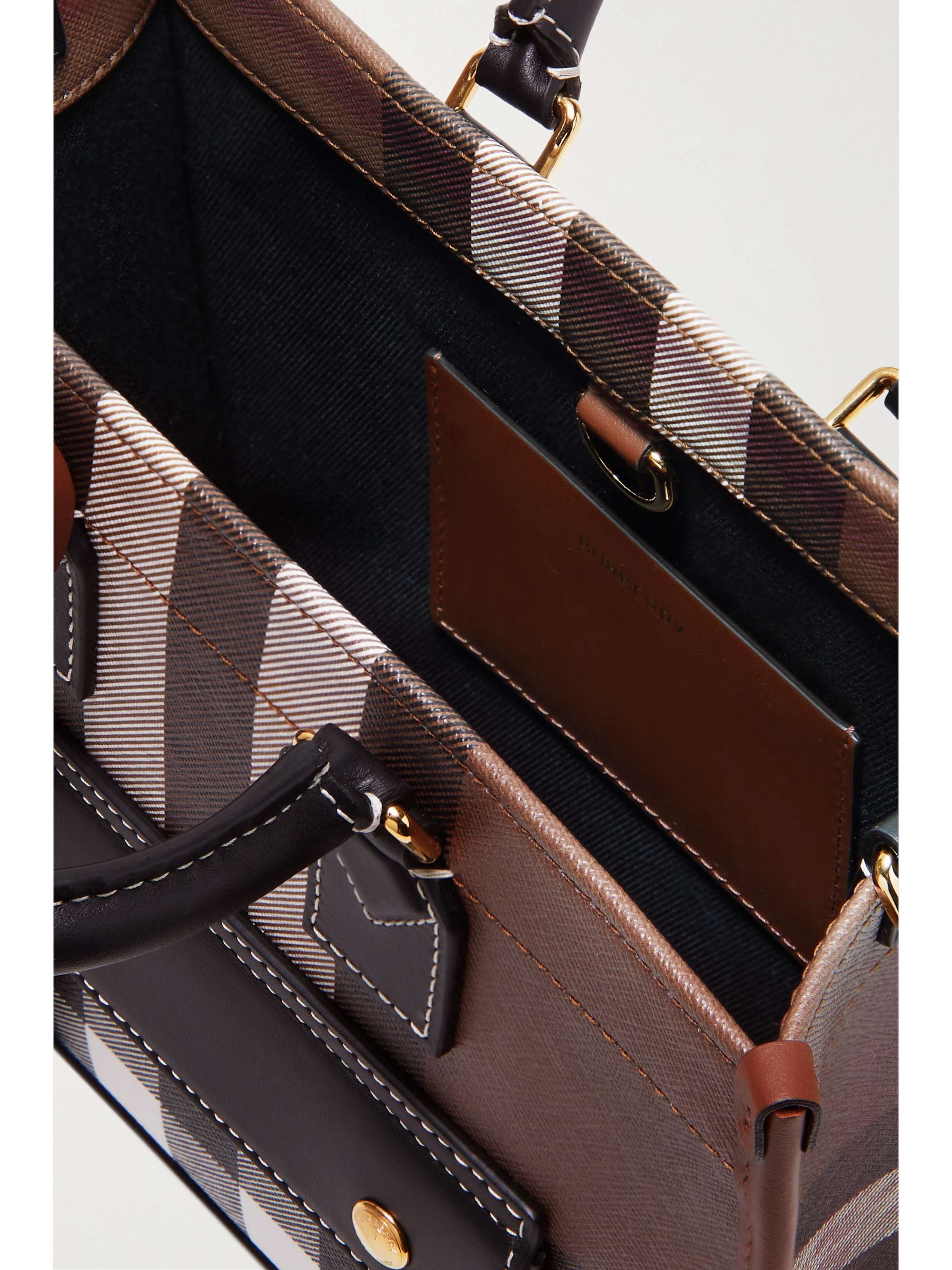 BURBERRY Mini leather-trimmed checked coated-canvas tote