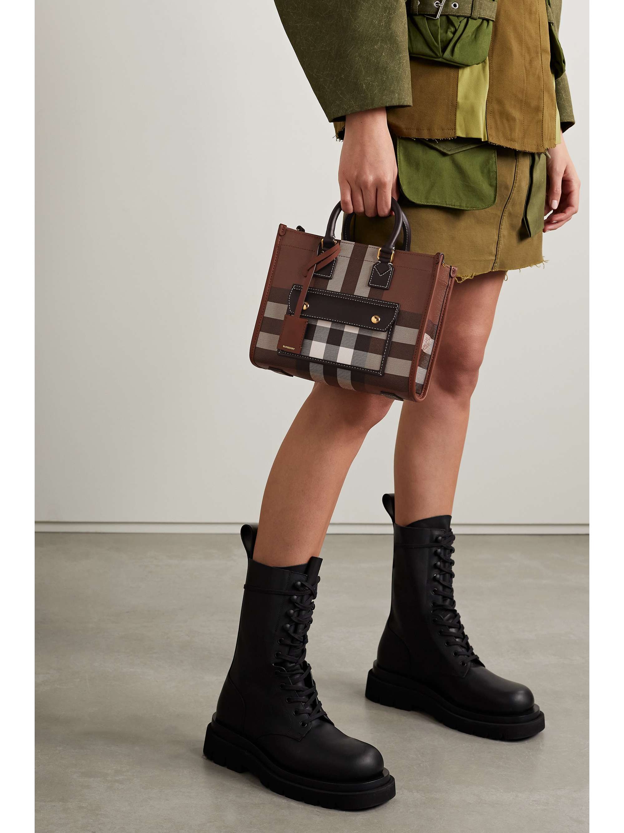 BURBERRY Mini leather-trimmed checked coated-canvas tote