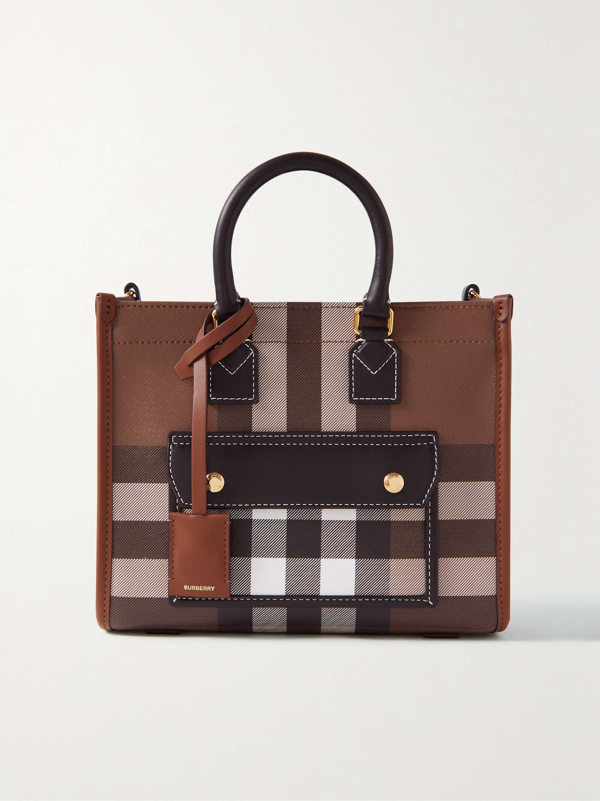 Leather-trimmed checked canvas shoulder bag