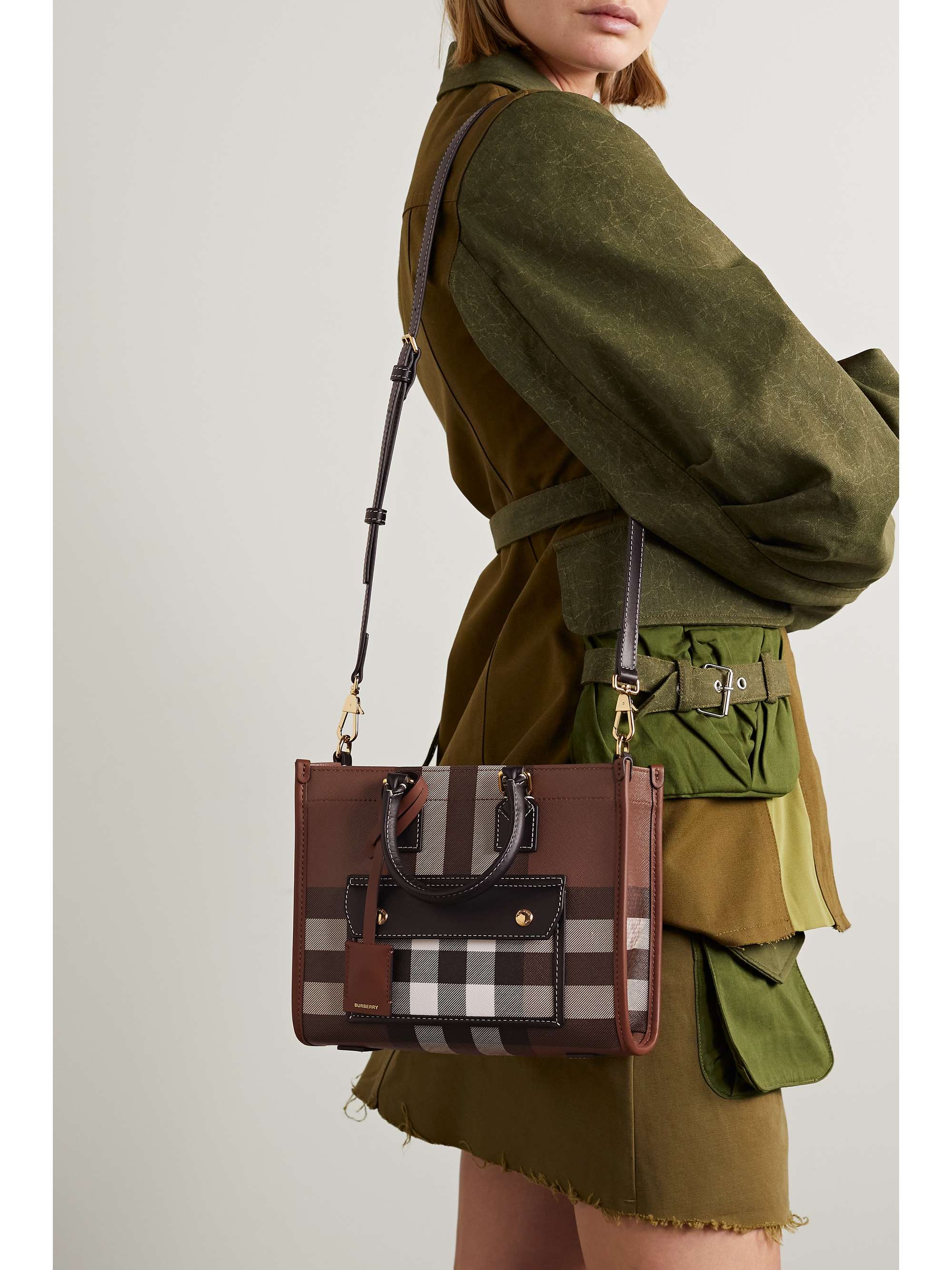 Small leather-trimmed checked cotton-canvas tote